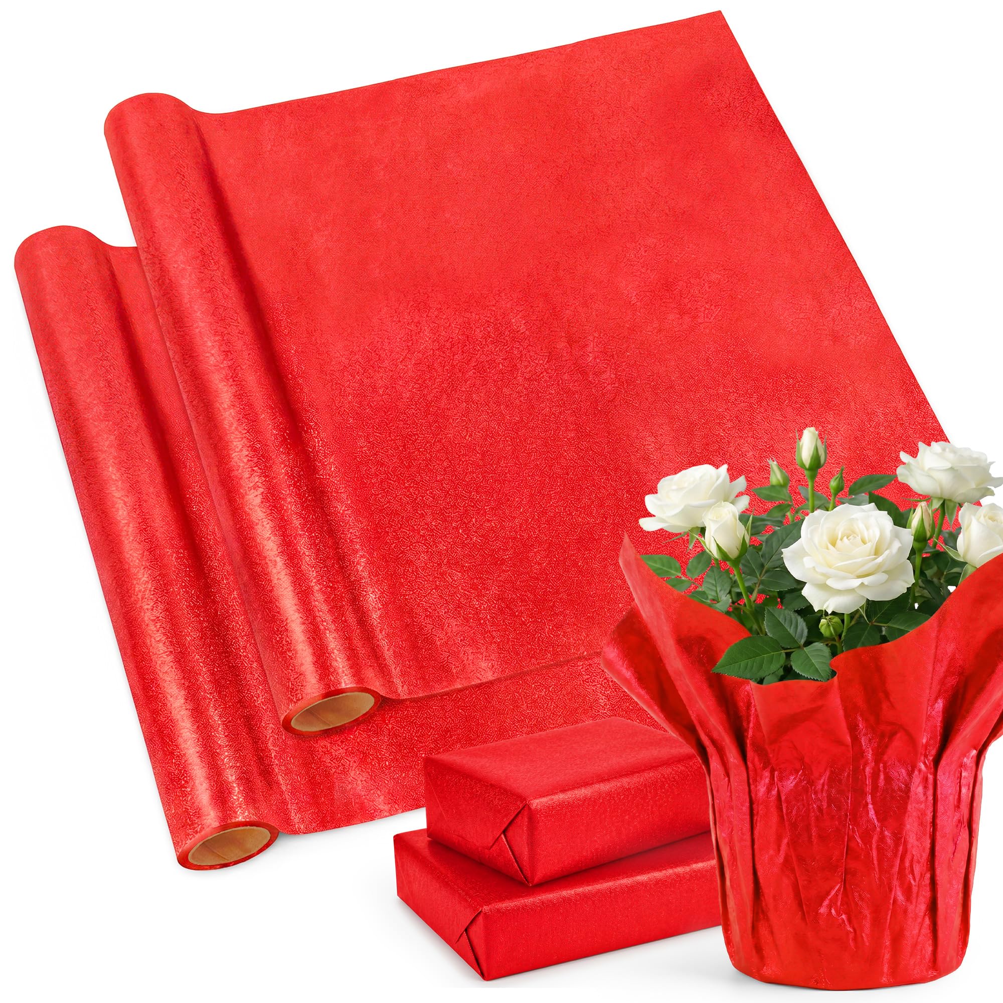UCandy 2 Roll 5.5 Yard Plant Pot Floral Foil, Matte Red Texture Floral Foil Festival Plant Pot Covers, Red Florals Foils Wrapping Paper for Home Garden Pots Vases DIY Decoration