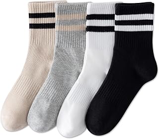 YUWELL Women's Striped Crew Socks 4-Pack - 80% Combed Cotton Cozy Casual Socks, Size 5-10, Soft Breathable Retro Style