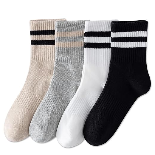 YUWELL Womens Striped Crew Socks, Cotton Cozy Casual Socks for Women 4 Pairs, Size 5-10