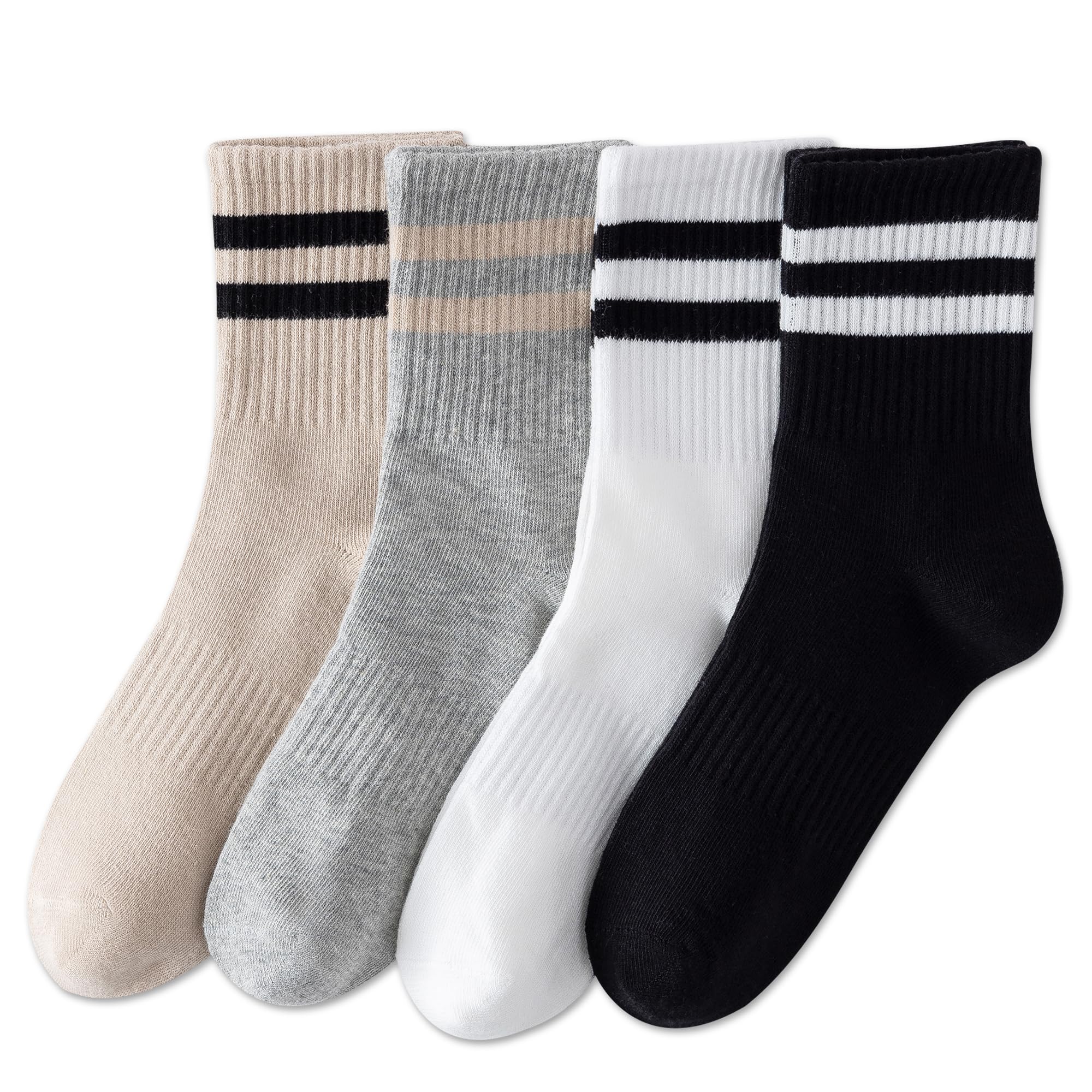 YUWELL Womens Striped Crew Socks, Cotton Cozy Casual Socks for Women 4 Pairs, Size 5-10