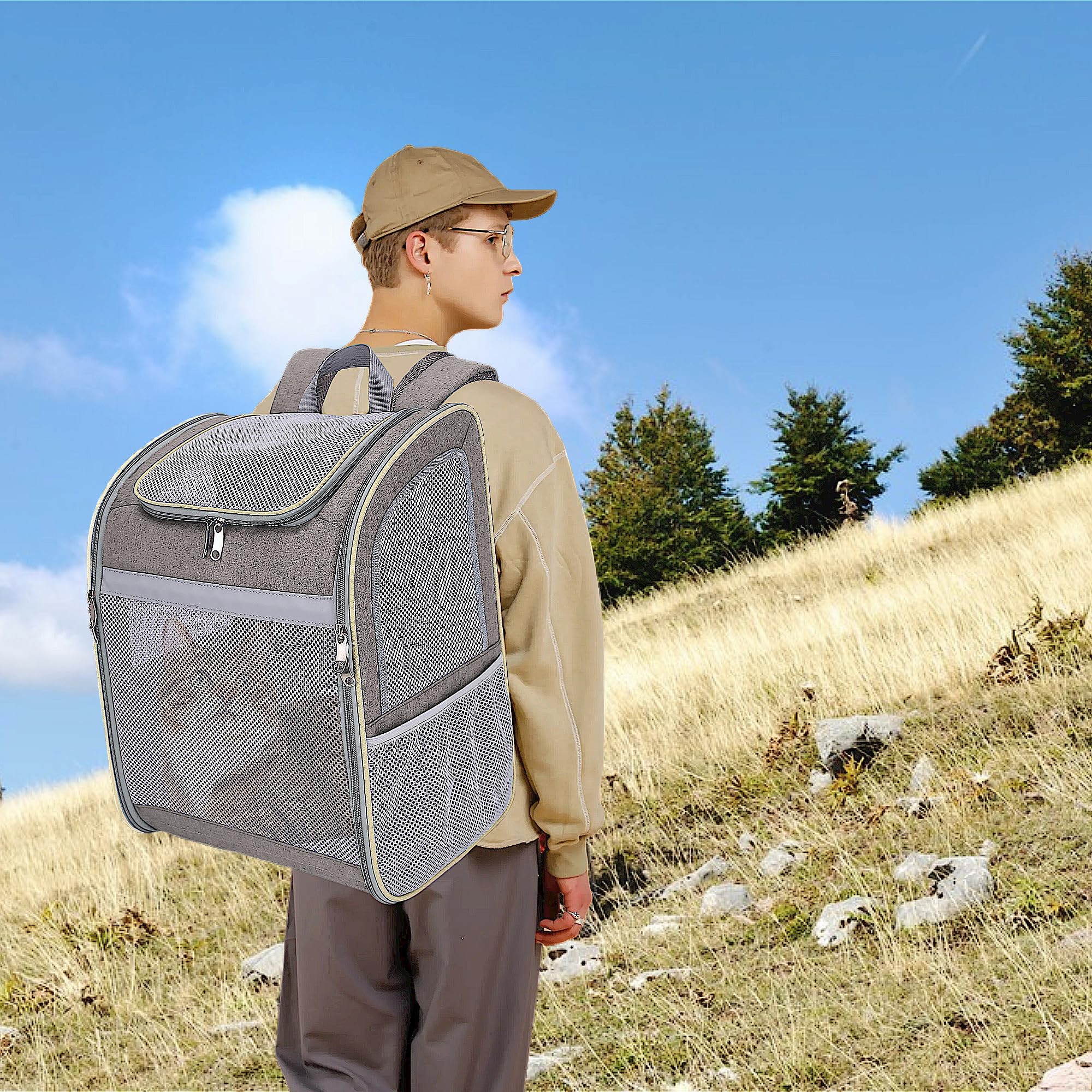 Mochila transportadora para gatos, gran espacio, malla transpirable, antiarañazos, tira reflectante, plegable, para viajes, senderismo y actividades al aire libre, se adapta a gatos y