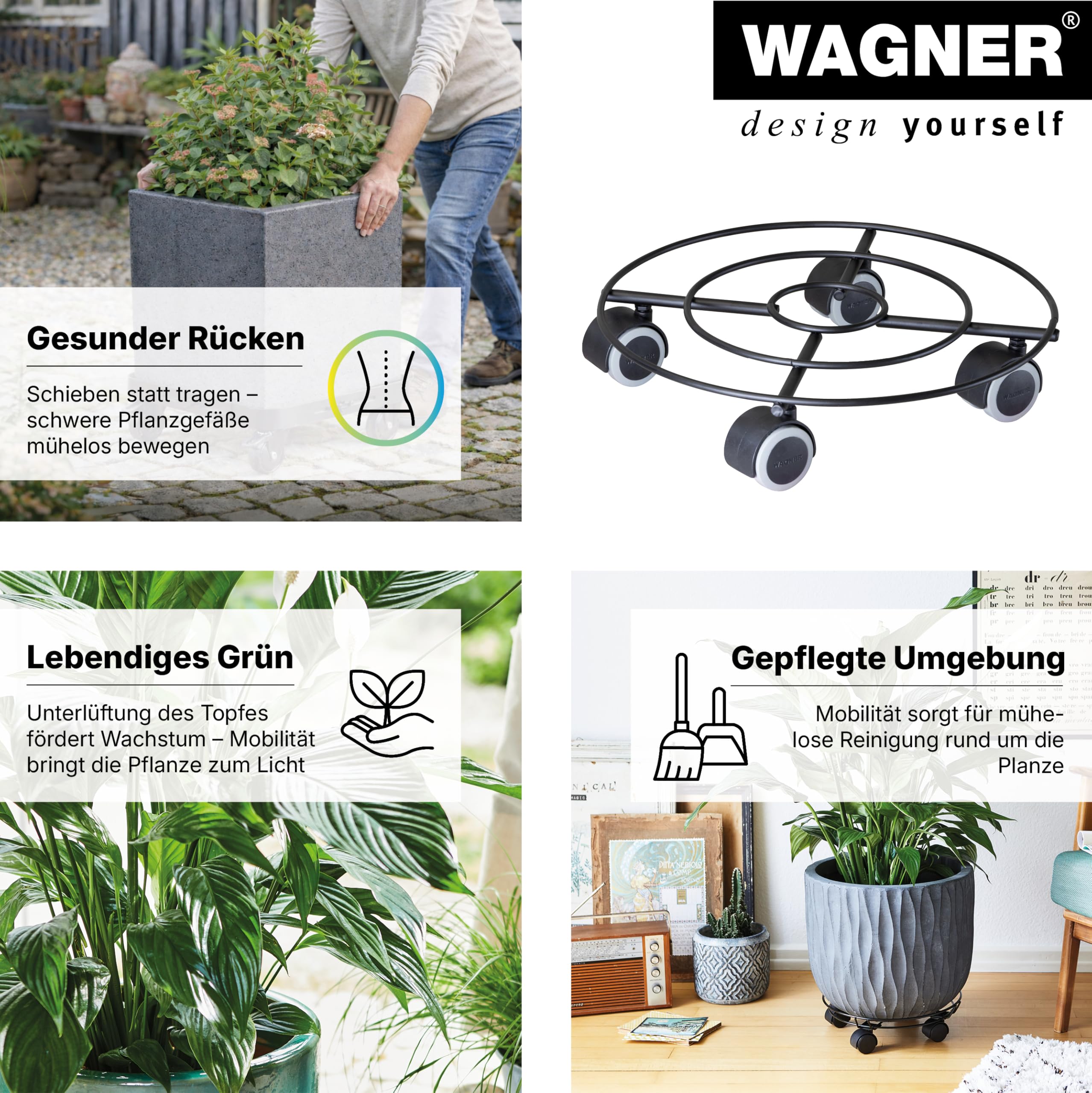 Wagner 20094401 rolka do roślin Drut Ø 30 x 6,5 cm, wałek do roślin do wnętrz, miękkie rolki, wałek na kwiaty z powlekanej stali, w kolorze czarnym, nośność 60 kg
