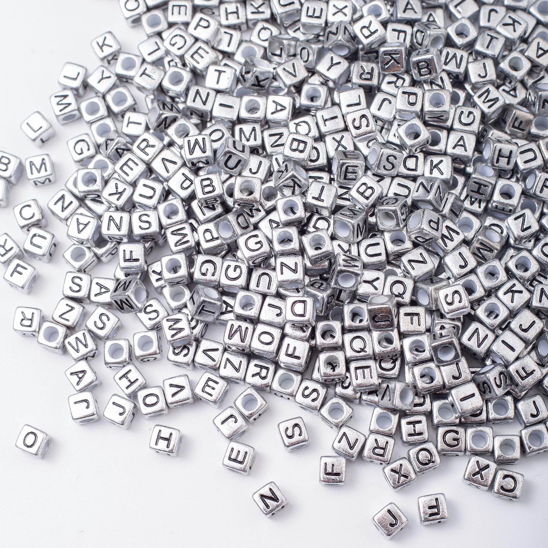 ToBeIT 1000Pcs Black Alphabet Silver-Metallic-Color Cube Bead Retro Silver Square Letter Beads Vintage Alphabet Large Hole Bead “A-Z”Cube Beads for Jewelry Making DIY Craft