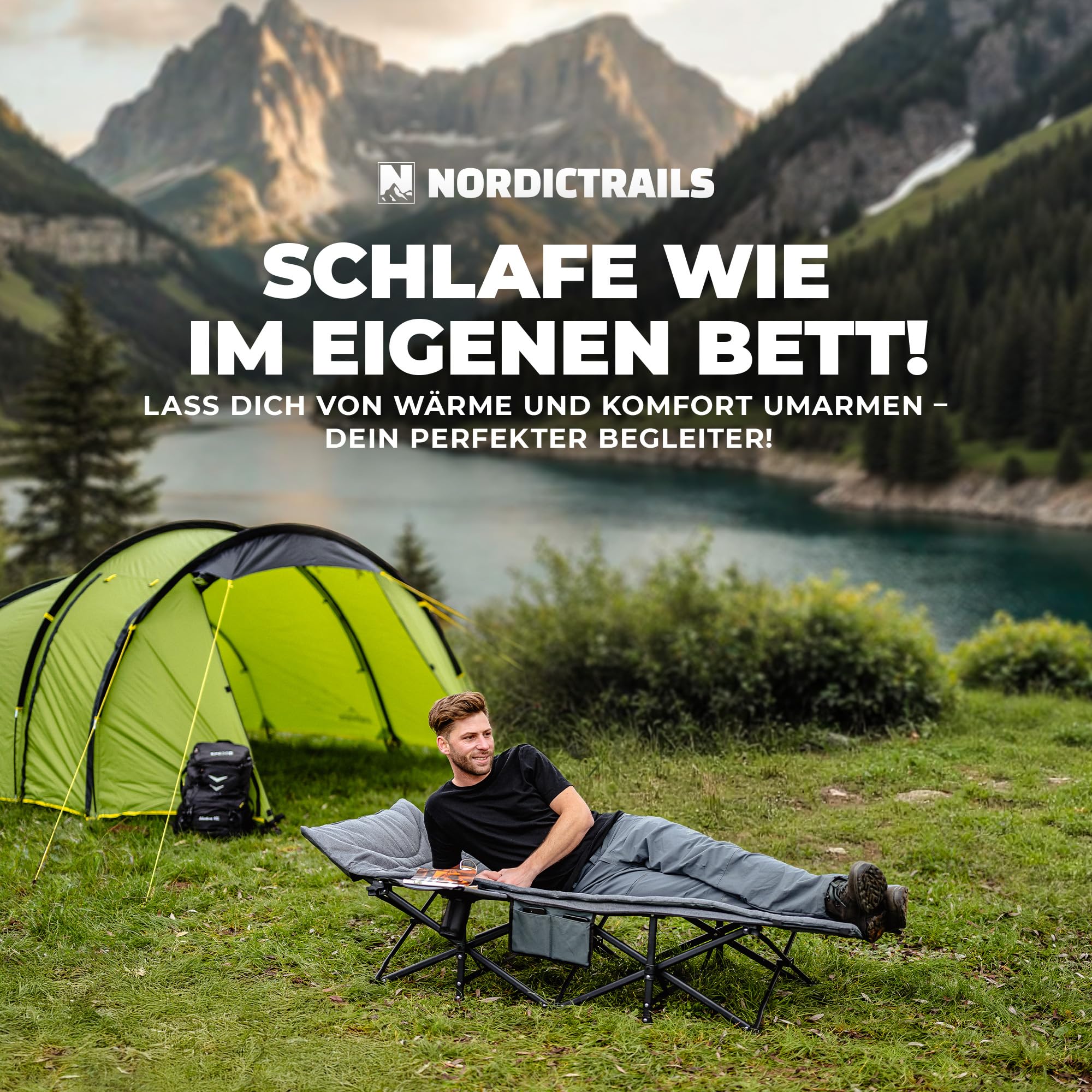 𝐍𝐎𝐑𝐃𝐈𝐂𝐓𝐑𝐀𝐈𝐋𝐒 Feldbett klappbar [Campingbett] XXL Campingliege | Faltbar, leicht & breit für Outdoor | Gästebett klappbar, Liege, Klappbett, Angelliege, Camping Karpfenliege | Mit Auflage