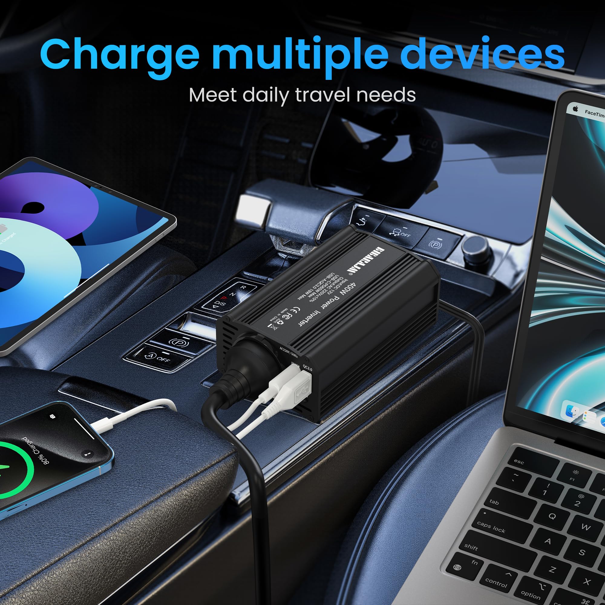 400W Auto Spannungswandler DC 12V auf AC 230V mit 2 Steckdosen und PD65W USB-C, USB-Ports, Schnellladegerät, Autoladegerät mit Zigarettenanzünderstecker für Geschäftsfahrten und Ferien