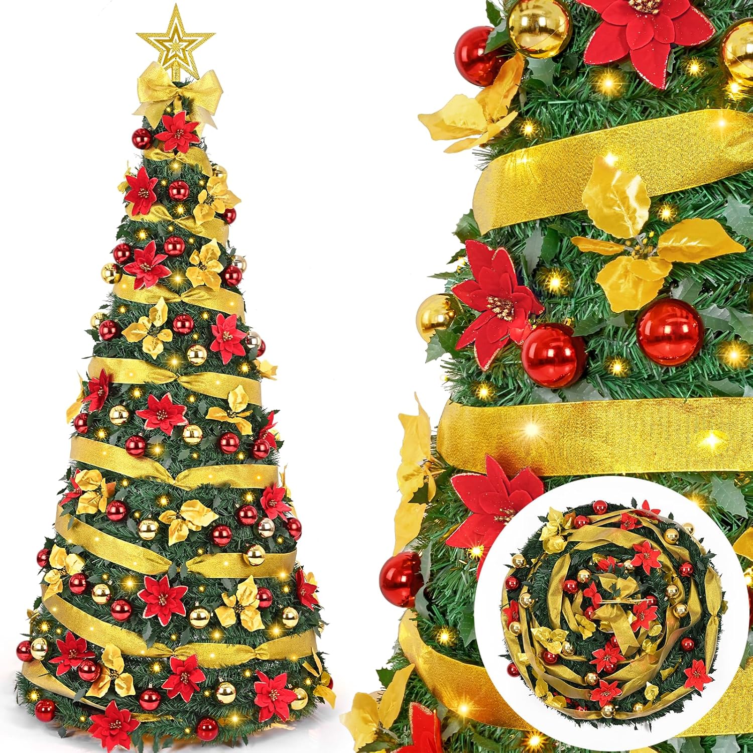Waipfaru 6Ft Prelit Pop Up Christmas Tree Decorations, Pre Decorated Artificial Christmas Tree with 200 Lights, Collapsible Indoor Xmas Tree for Apartment, Holiday Party Decorations Green 6 FT