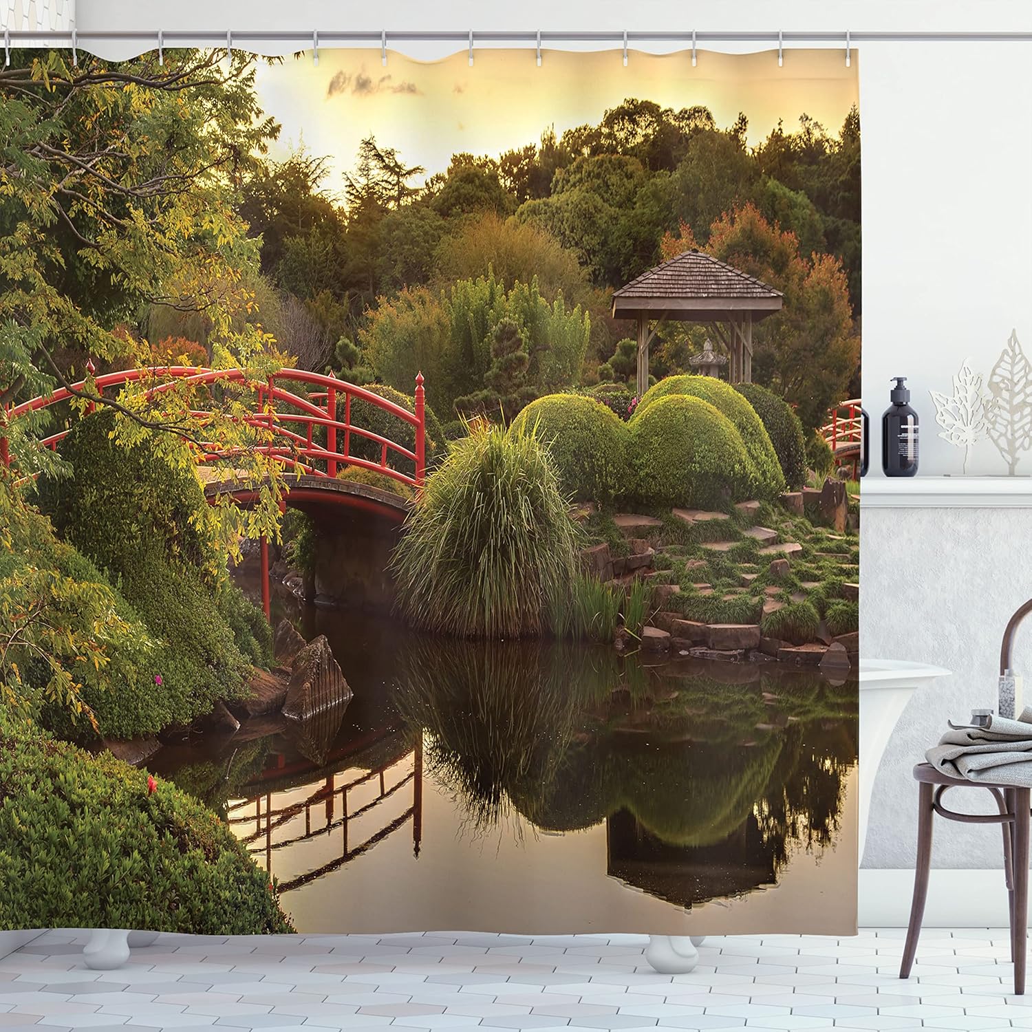 Ambesonne Japanese Shower Curtain, Peaceful Garden Twilight Reflections in Water Red Bridge on Pond Sunset, Cloth Fabric Bathroom Decor Set with Hooks, 69" W x 70" L, Green Yellow