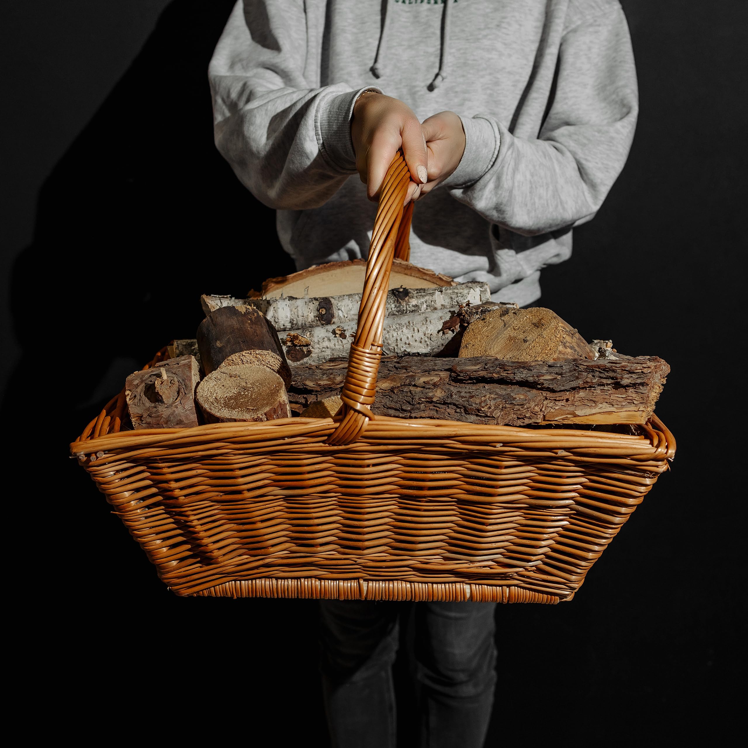 Creative Home Cesto Portalegna da Interno con Manici, Porta Legna Cesto Vimini | Grande Cesto Vimini Rettangolare 50x40x37 cm Leggero | Intrecciato a Mano | Salice Marrone Naturale | Multiuso