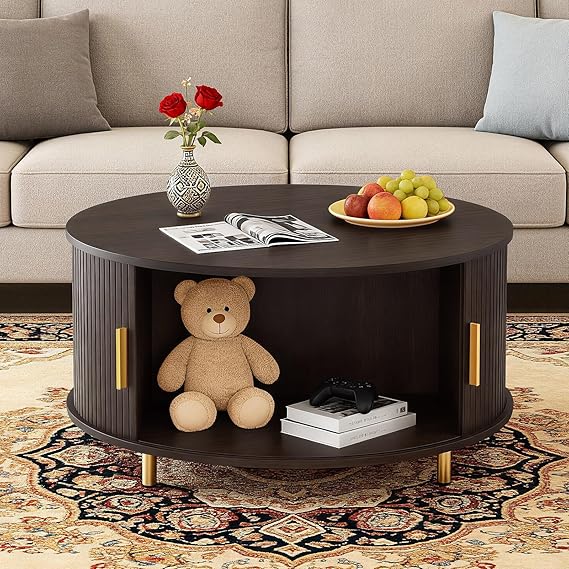 DHH Round Coffee Table, 31.5 Mid Century Modern Coffee Table with 360 Sliding Tambour Door, Fluted Accent Coffee Table with Storage Adjustable Footpads for Living Room (Dark Walnut)