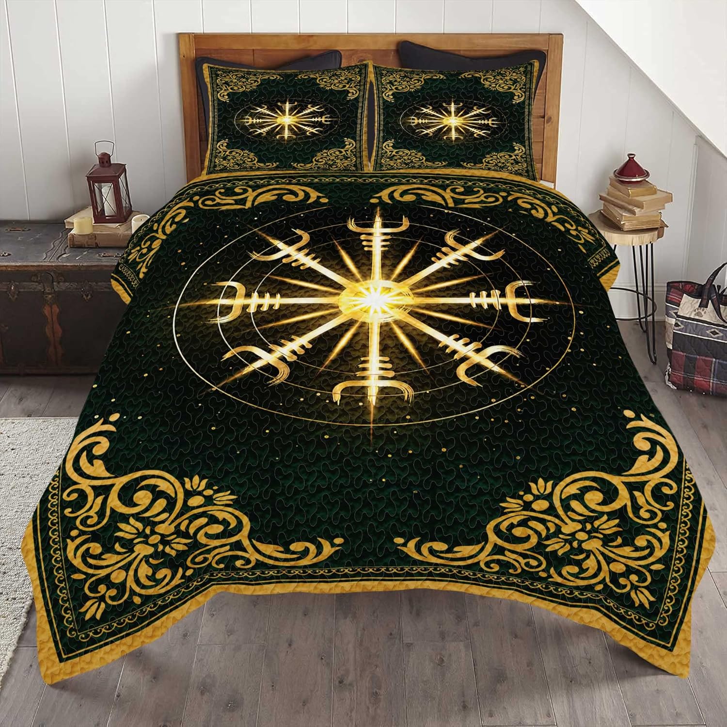Personalized Gold Helm of Awe Viking Quilt Set for Bedroom