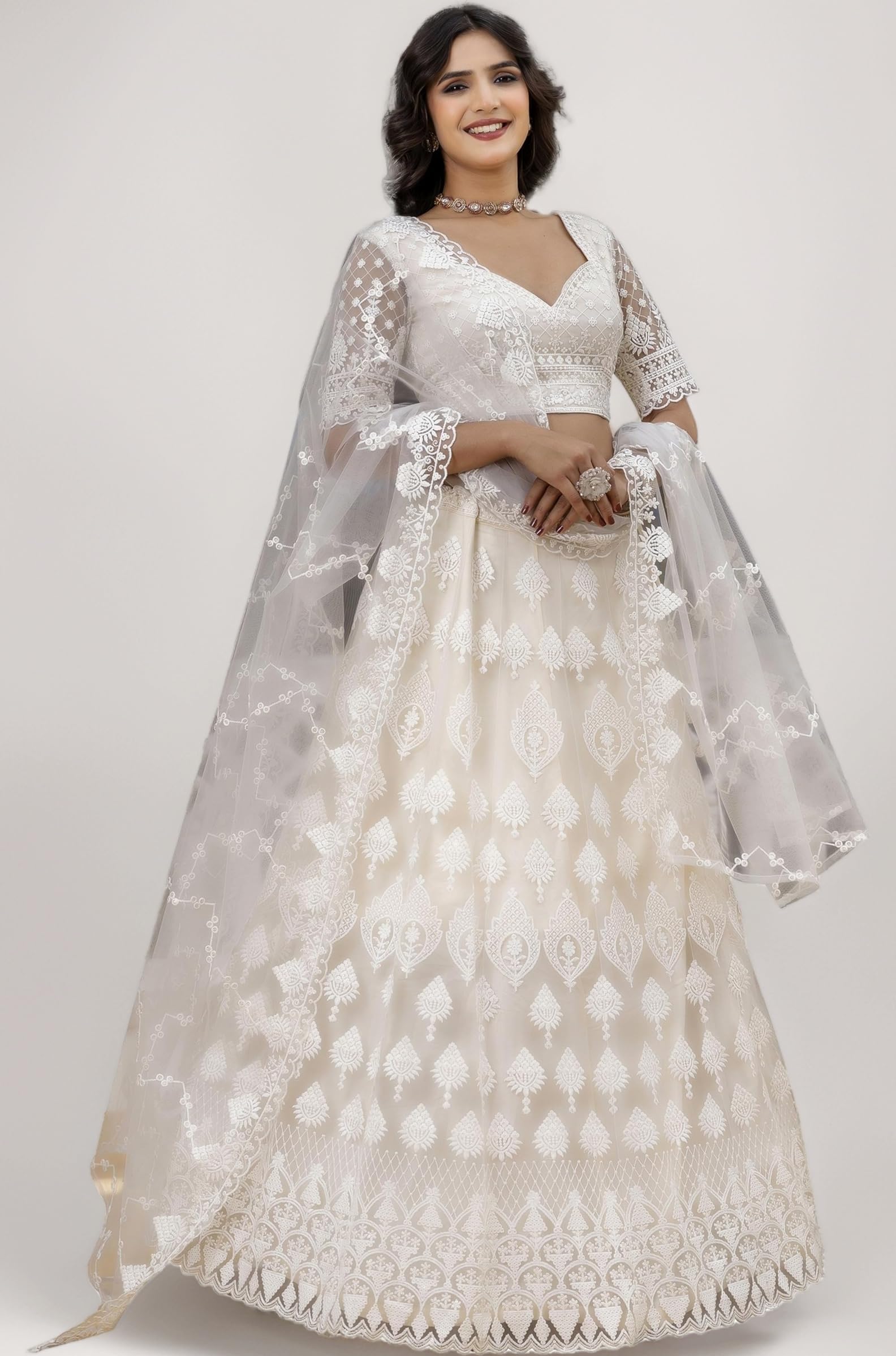 TRENDMALLS Women's Net Embroidery Sequence Work Lehenga Choli Unstitch Blouse with Dupatta (Wedding-Bridal-Latest-Lehenga-Choli_Free Size)