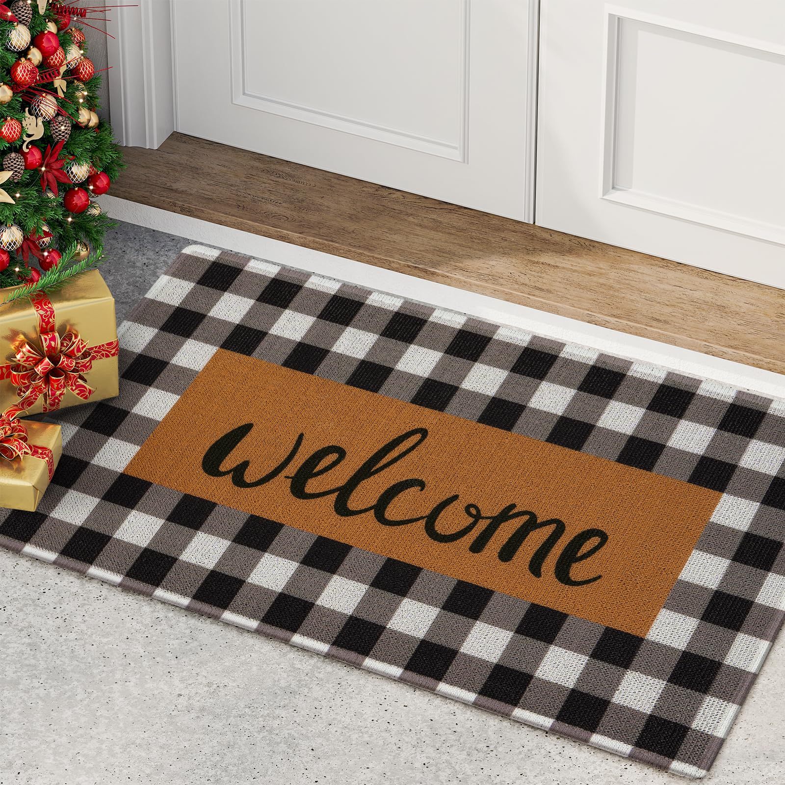 UINI Welcome Mat Outdoor Indoor Door Mats, Heavy Duty Buffalo Plaid Welcome Front Door Mat, Non Slip Durable Entrance Rugs for Outside Entry, Porch, Resist Dirt, 17"x 30"