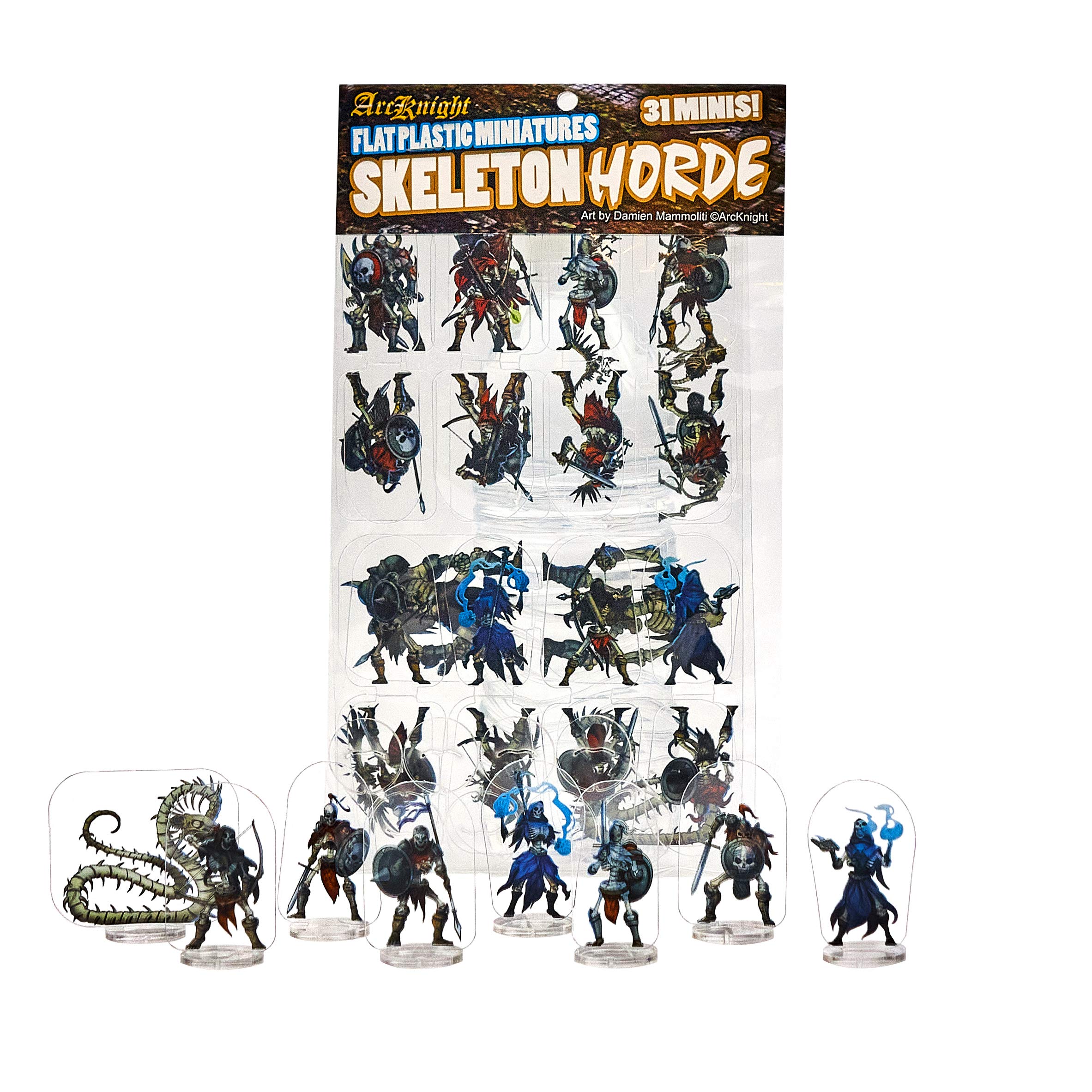 Arcknight Flat Plastic Miniatures: Skeletons Horde; 31 Unique Undead-Themed Enemy Minis for DND 5e and Pathfinder; Affordable, Skinny Figurines for Dungeons and Dragons and Other Tabletop RPG Games