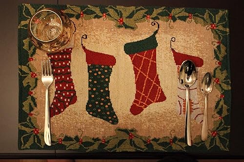 Miniatura 5 de 4piezas Tache Festive Navidad Colgar Mi Stockings por la chimenea Tapestry mantel individual Set