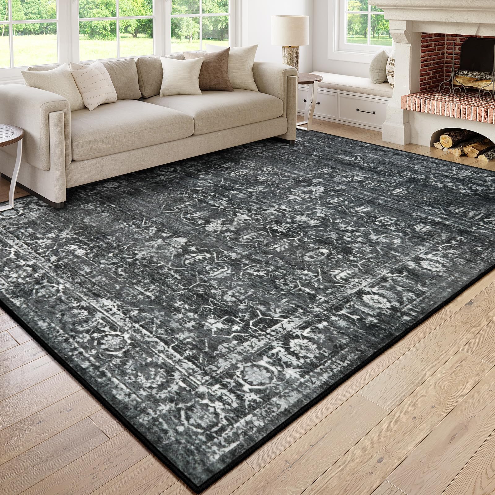 Lahome6x9 Area Rugs Washable Rugs for Bedroom large Black Area Rug for Bedroom,Soft Vintage Distressed Rug Non Slip Stain Resistant Indoor Carpet for Dining Decor