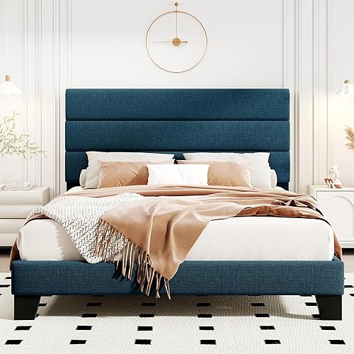 Miniatura 9 de HOOMIC Base de cama de tamaño matrimonial con cabecero, plataforma tapizada de tela con soporte de listones de madera fuerte, base de colchón, no