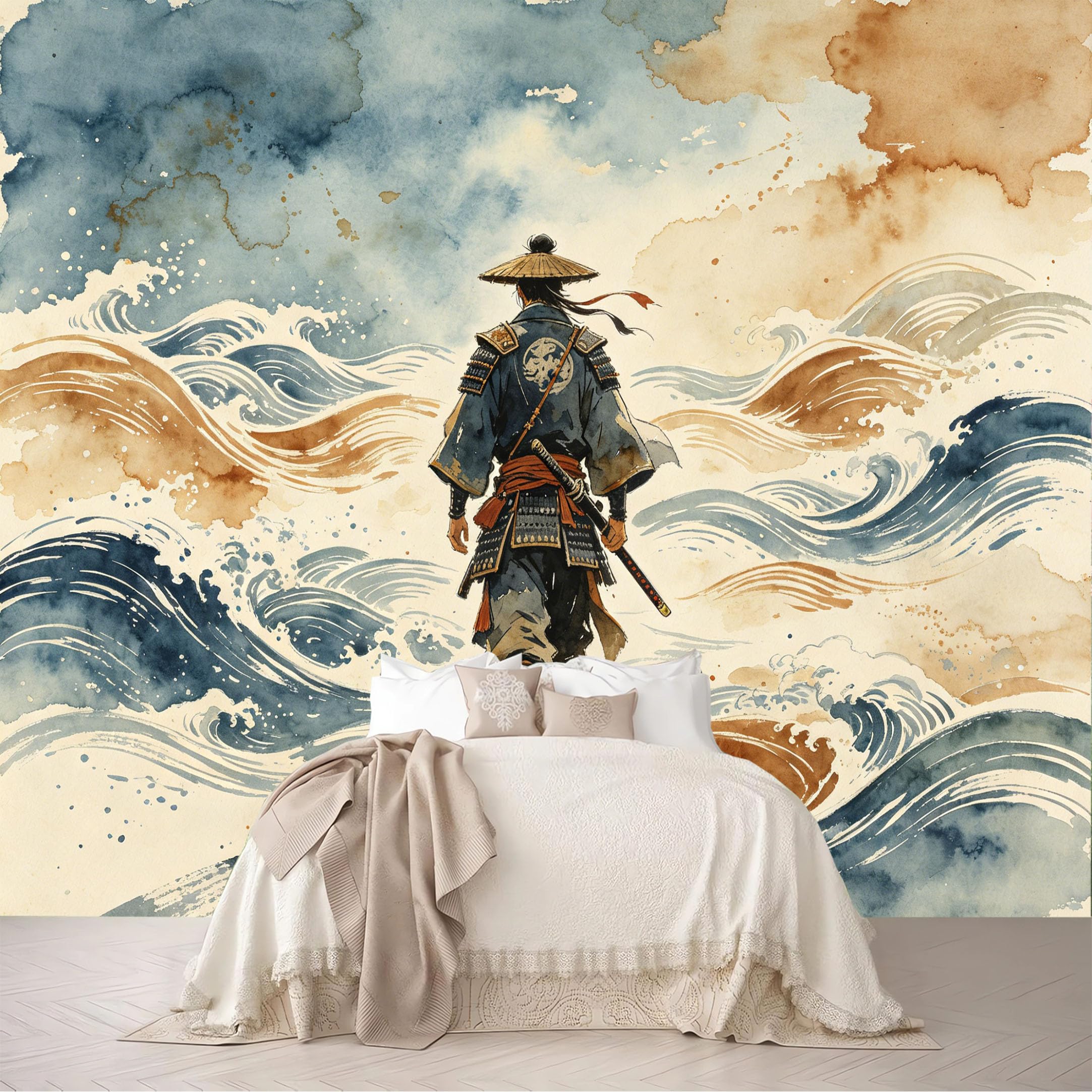 Custom Size Wall Mural Straw Hat Samurai Giant Wave Watercolor Art Removable Self Adhesive Peel and Stick Wallpaper for Bedroom Living Room Dining Room