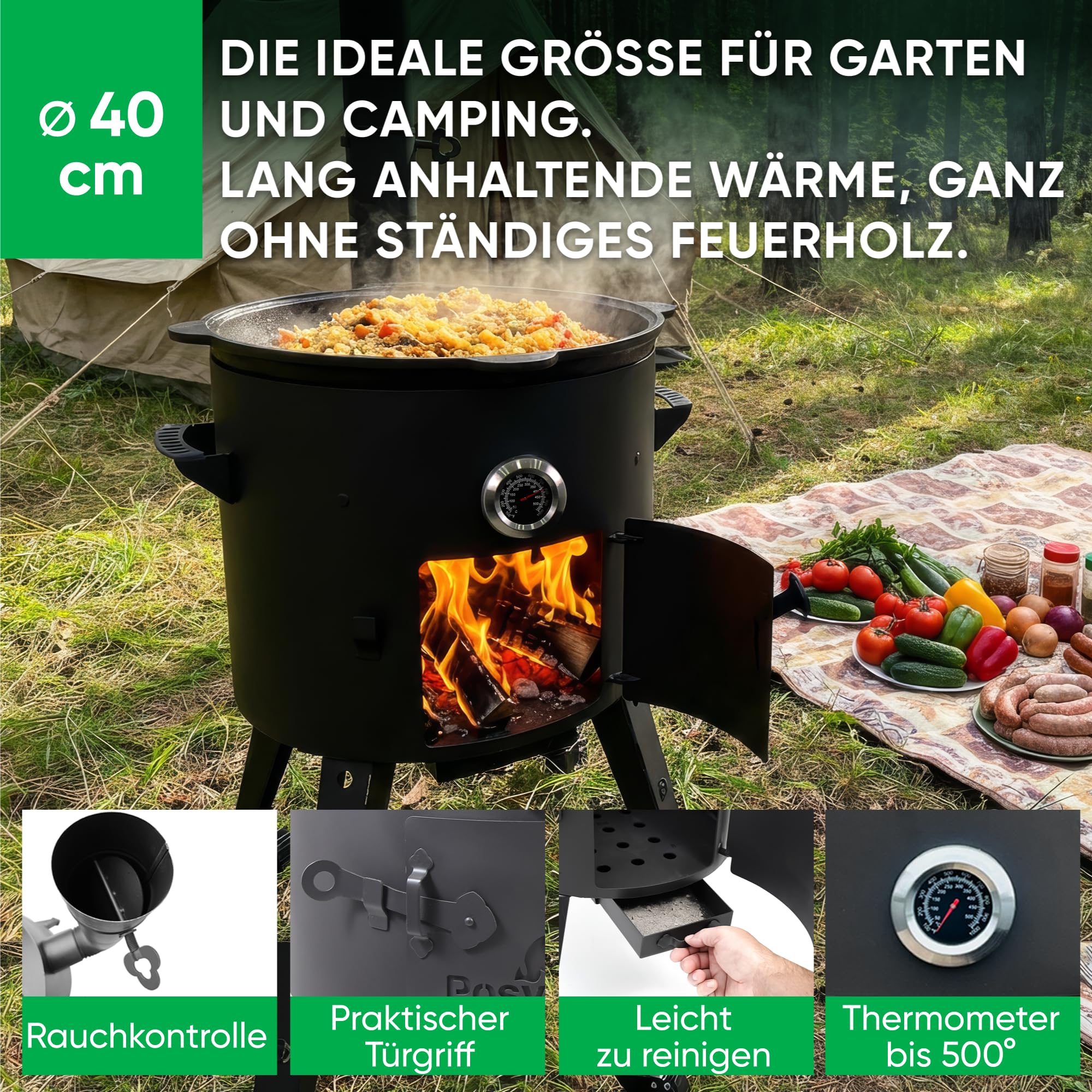 Utschak Feuerofen Ø 40 cm mit Thermometer & Gusseisen Topf 12 L, Ø 42,5 cm | Kazan-Set mit Deckel | Учаг Outdoor Feuerschale & Gulaschkanone | Usbekischer Kochtopf aus Gusseisen, Gartenküche