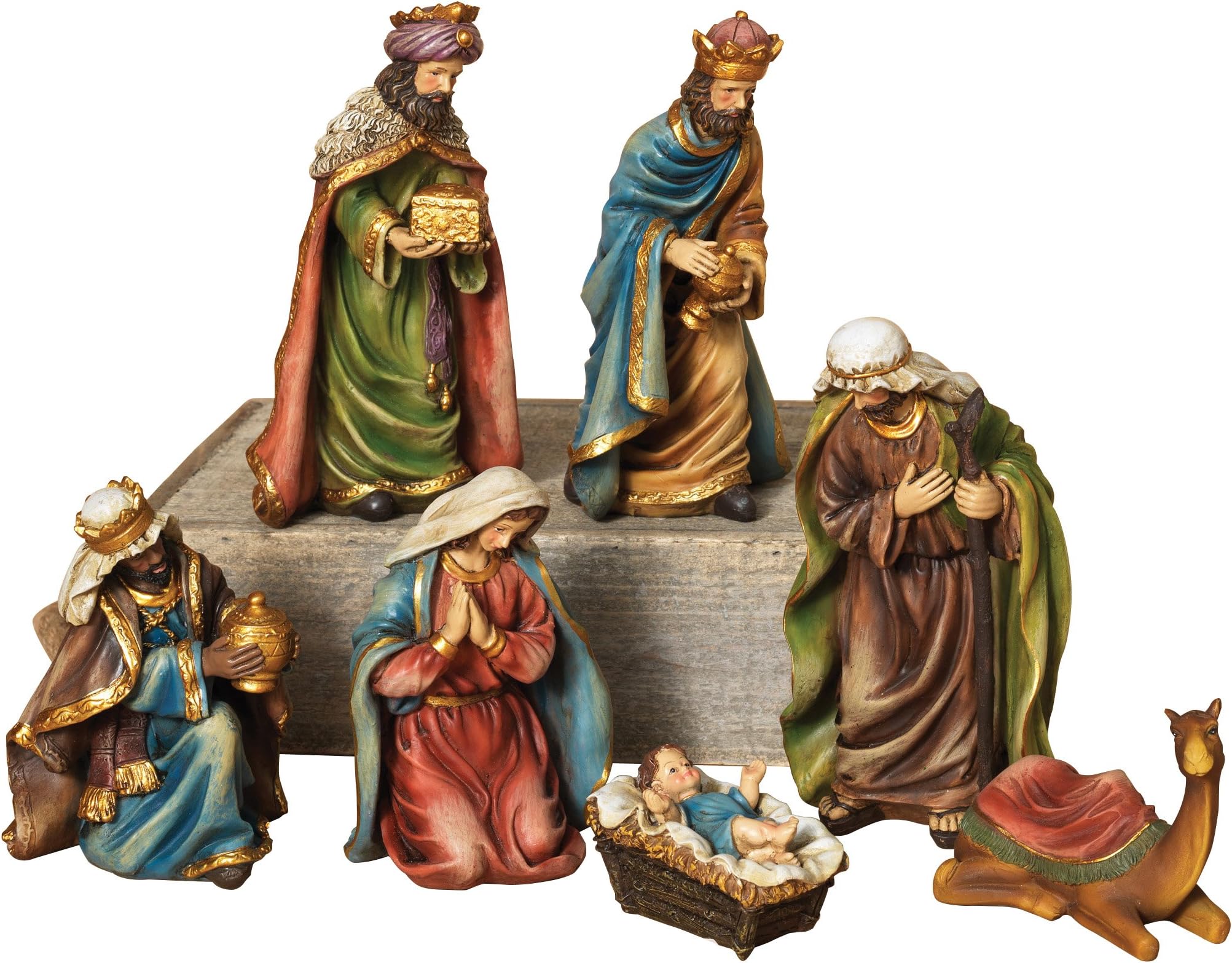 Elegant Traditional Christmas Nativity Set Figurines with Camel, 7-Piece Indoor Tabletop Holiday Decoration - Religious Christian Home Decor