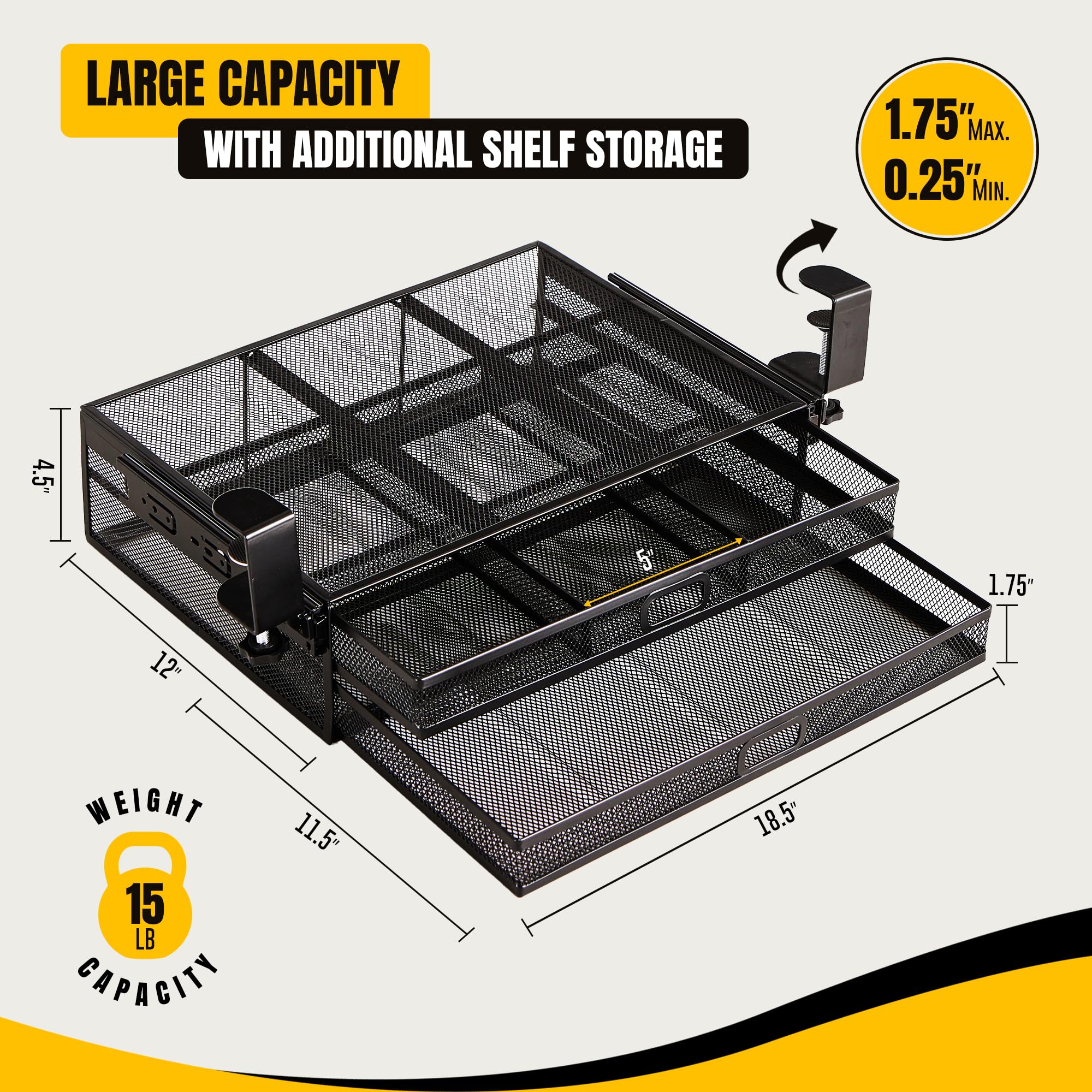 BZP Under Desk Storage Clamp-On, no Drill?Adhesive, Metal Slide Out Under Desk Drawer Organizer for Office Supplies & Home Essentials, 2Large Drawers