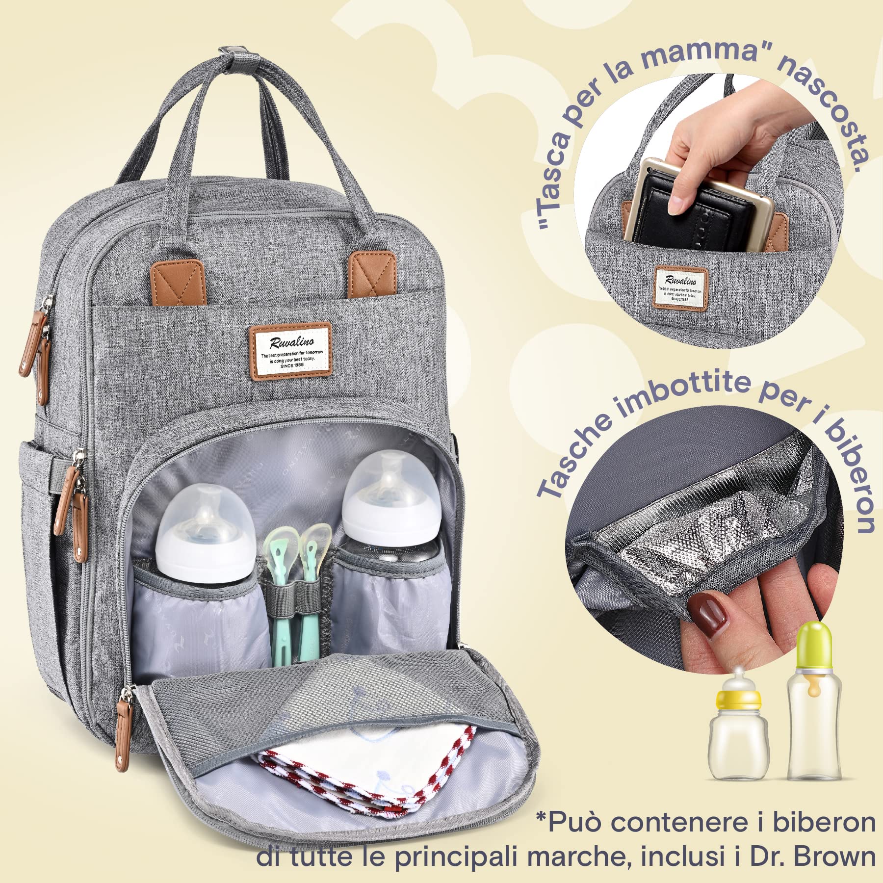 RUVALINO Zaino Fasciatoio per Mamma e Neonato Borsa Fasciatoio per Pannolini, Grande Borsa Maternità con 16 Scomparti, Include Fasciatoio Portatile, Tasca Termica per Biberon