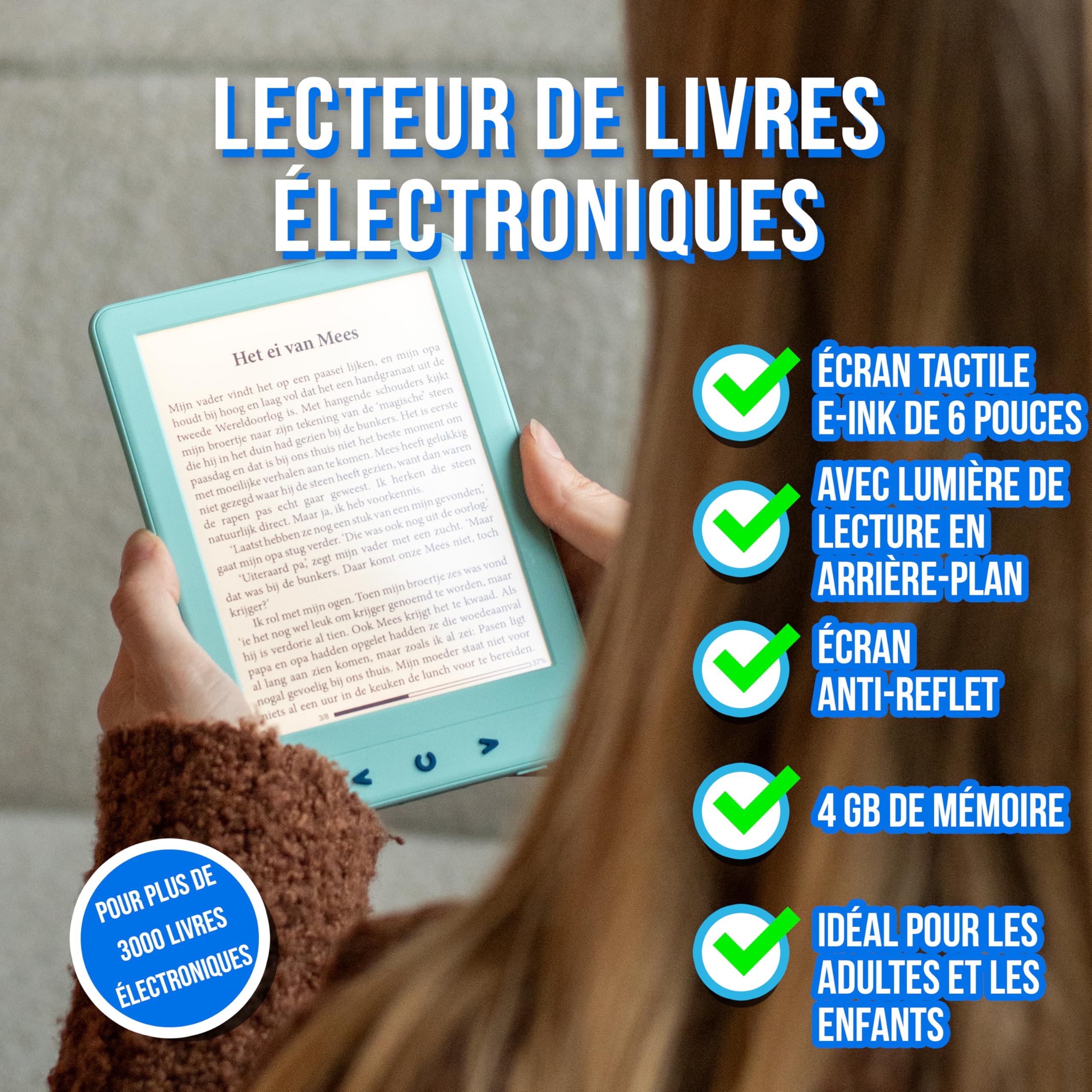 Silvergear® Ebook Reader avec Rétroéclairage | Écran Tactile E-Ink de 6 Pouces | Mémoire de 4 Go pour 3000+ E-Books | E-Reader | Antireflet et Léger | Bleu