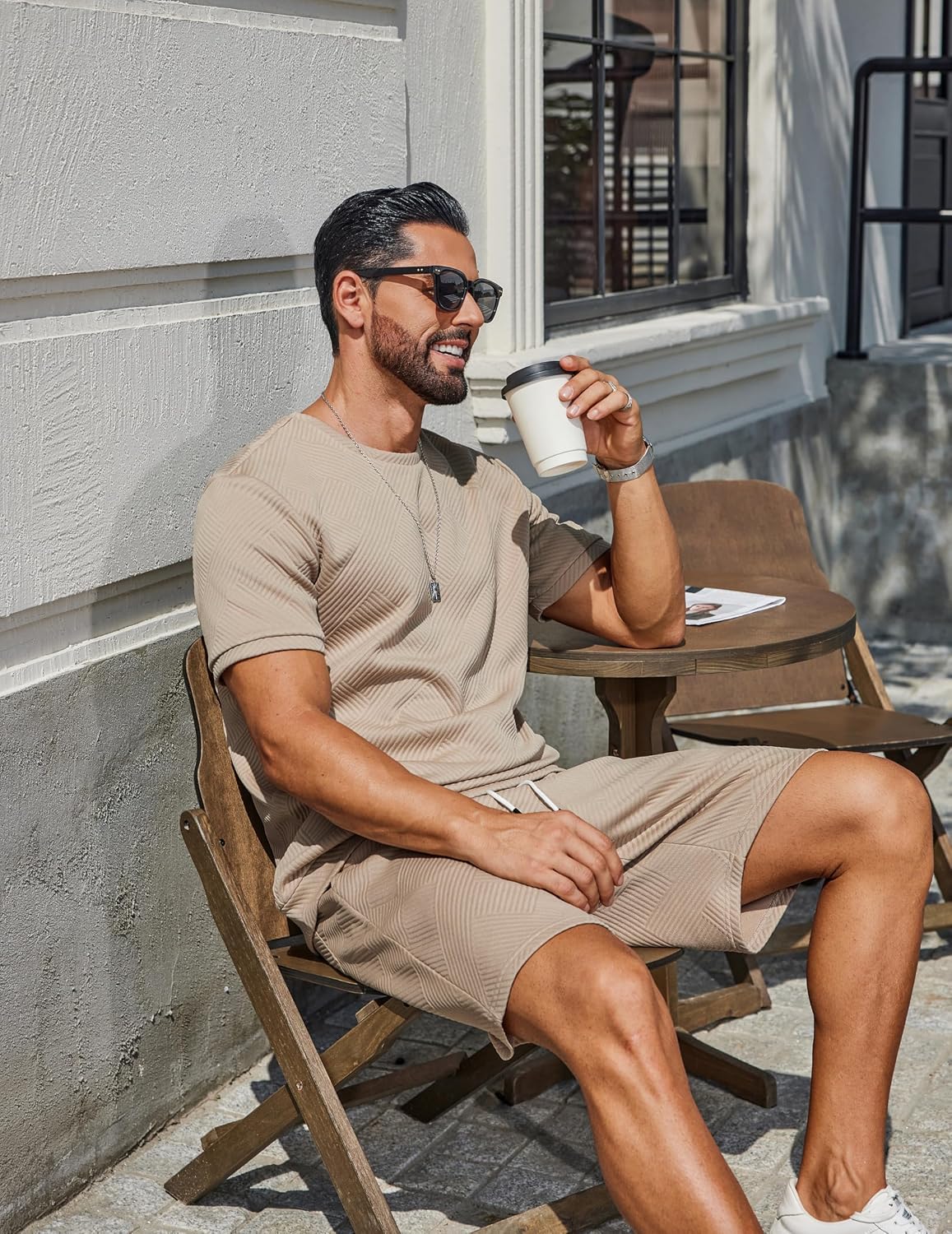 COOFANDY Men's Two-Piece Set Wrinkle-Resistant Stretch Short-Sleeve T-Shirt and Shorts Summer Casual Textured Outfits
