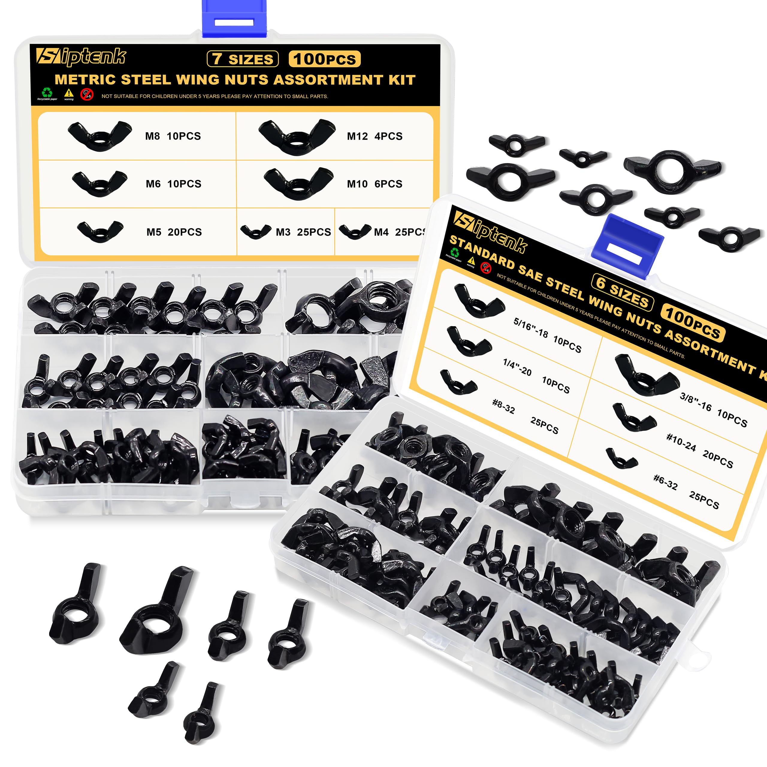 Siptenk 200 dadi ad alette neri, dadi ad alette metriche e SAE, 13 misure assortite in acciaio al carbonio zincato, dado ad alette M4-M12 # 6-32 - 3/8 "-16 kit di fissaggio assortito