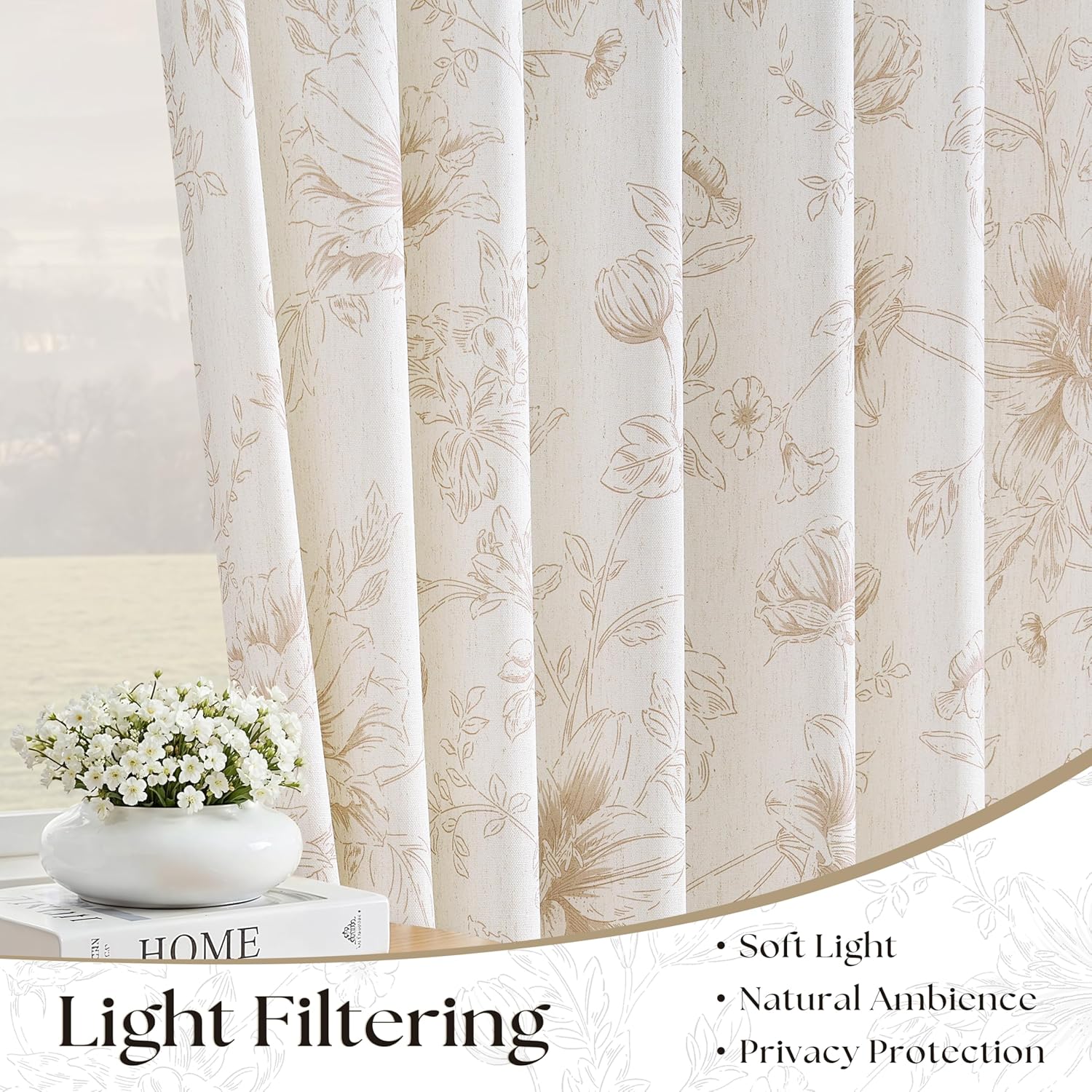 Short Tan Floral Linen Cafe Curtains 36 Inches Long for Bathroom French Country Light Filtering Peony Flower Printed Curtain Semi Sheer Back Tab Decorative Drape for Laundry Camper RV 2 Panels Set