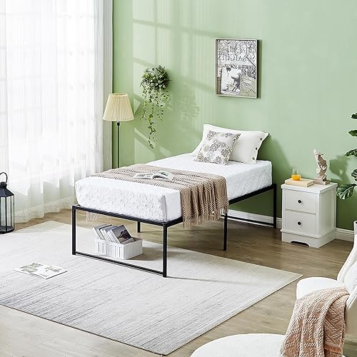 Miniatura 31 de VECELO Marco de cama de plataforma de metal de 14 pulgadas, base de colchón, no necesita somier, soporte de listones de acero (tamaño matrimonial)