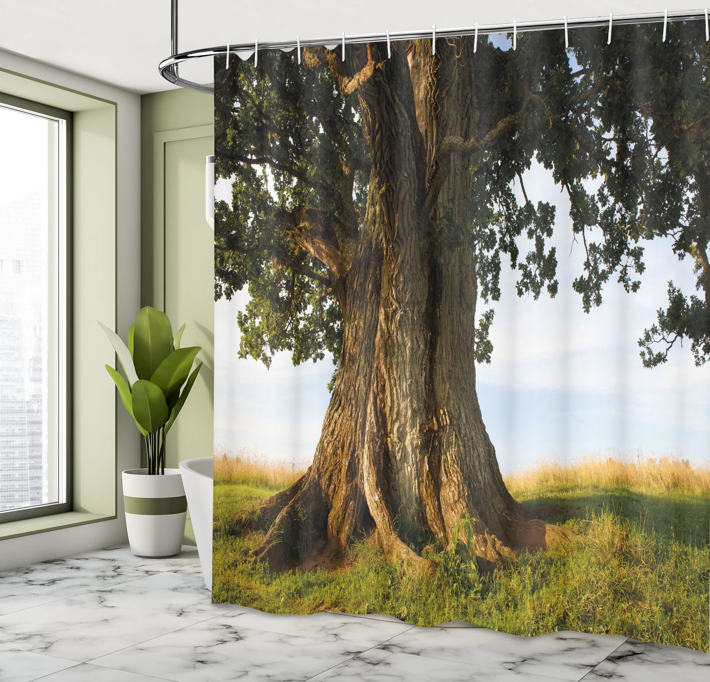 ABAKUHAUS Nature Shower Curtain, Majestic Oak Tree on Grass Estonia Northern Europe Rural in Summer Landscape - Image 4