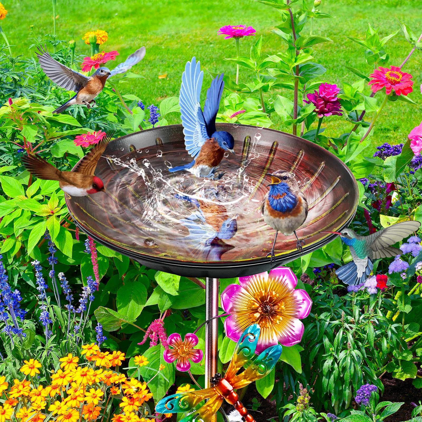 Vogeltränke Stehend 96cm, Vogelbad für Draußen Garten, Metall Futter Schale mit Stabiler 5-Zinken-Basis, Wassertränke für Vögel Vogeltränke Groß Winterfest Frostsicher (Antike Rot-Gelb)