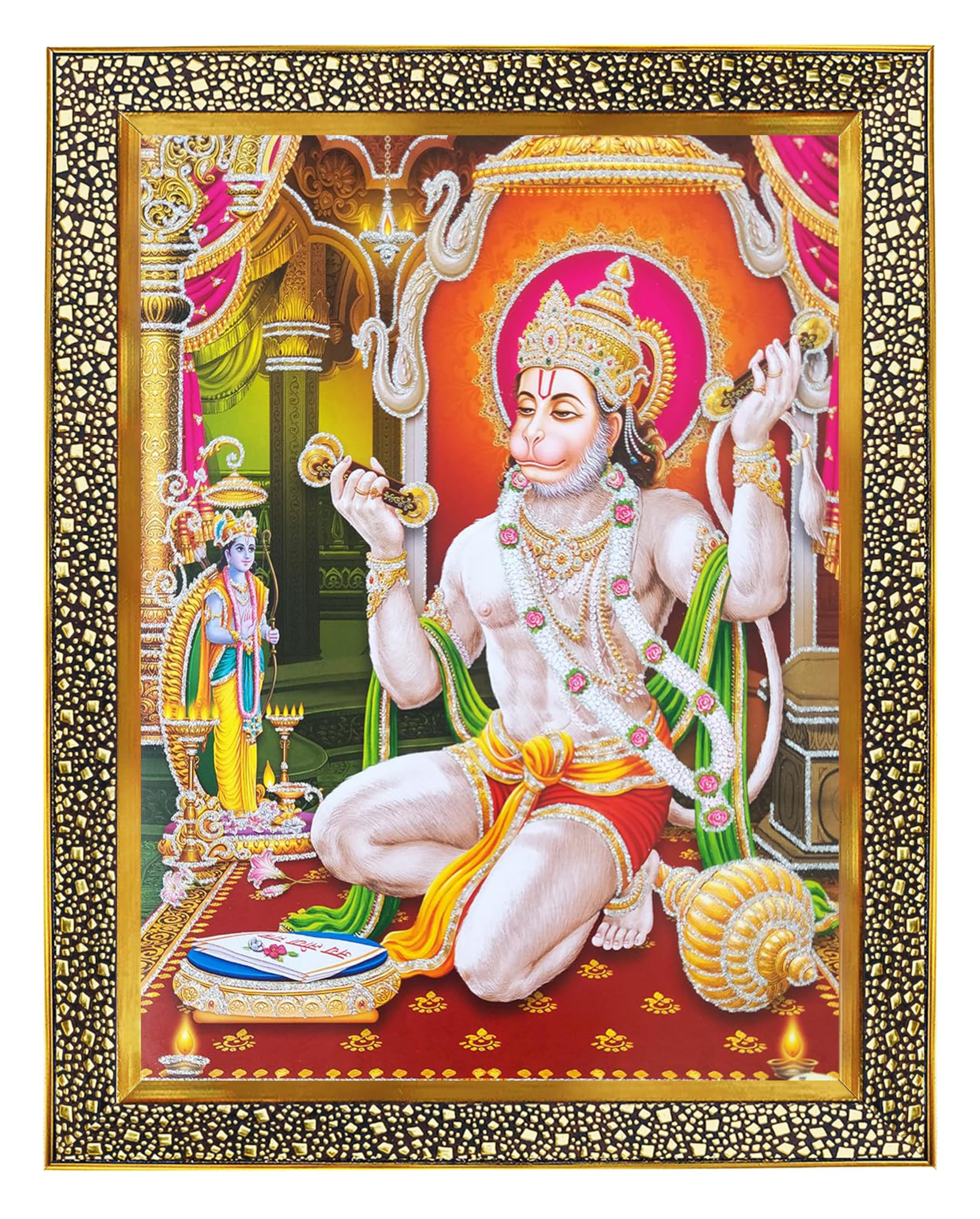 Hanuman/Bajrangbali Ji In Dhyan Mudra Praying Shri Ram And Sita Maa Photo Frame With Unbreakable Glass For Wall Hanging/Gift/Temple/Puja Room/Home Decor And Worship, Multi-coloured