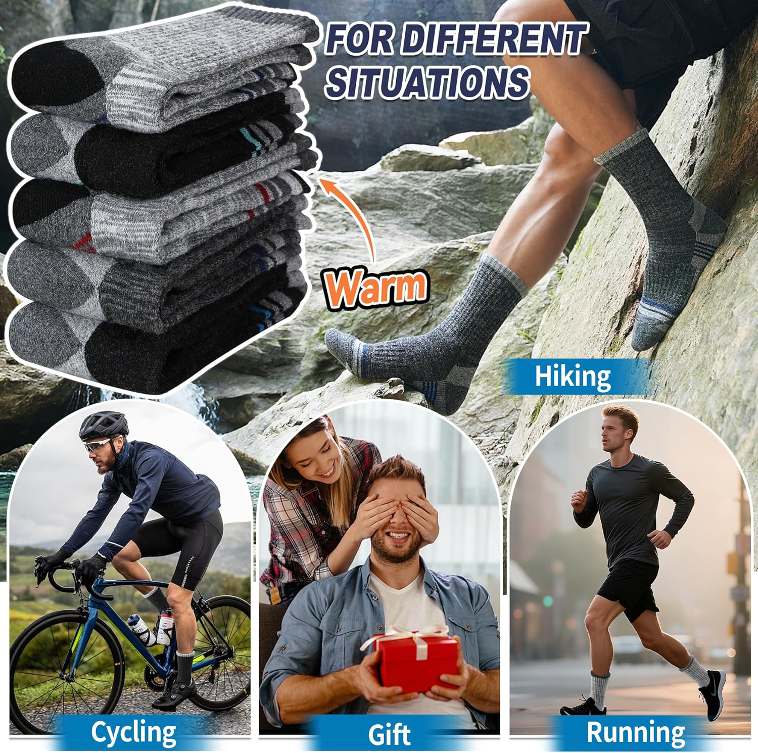 5 Pairs Merino Wool Hiking Socks Thermal Warm Winter Cozy Moisture Wicking Cushioned Socks for Men - Image 6
