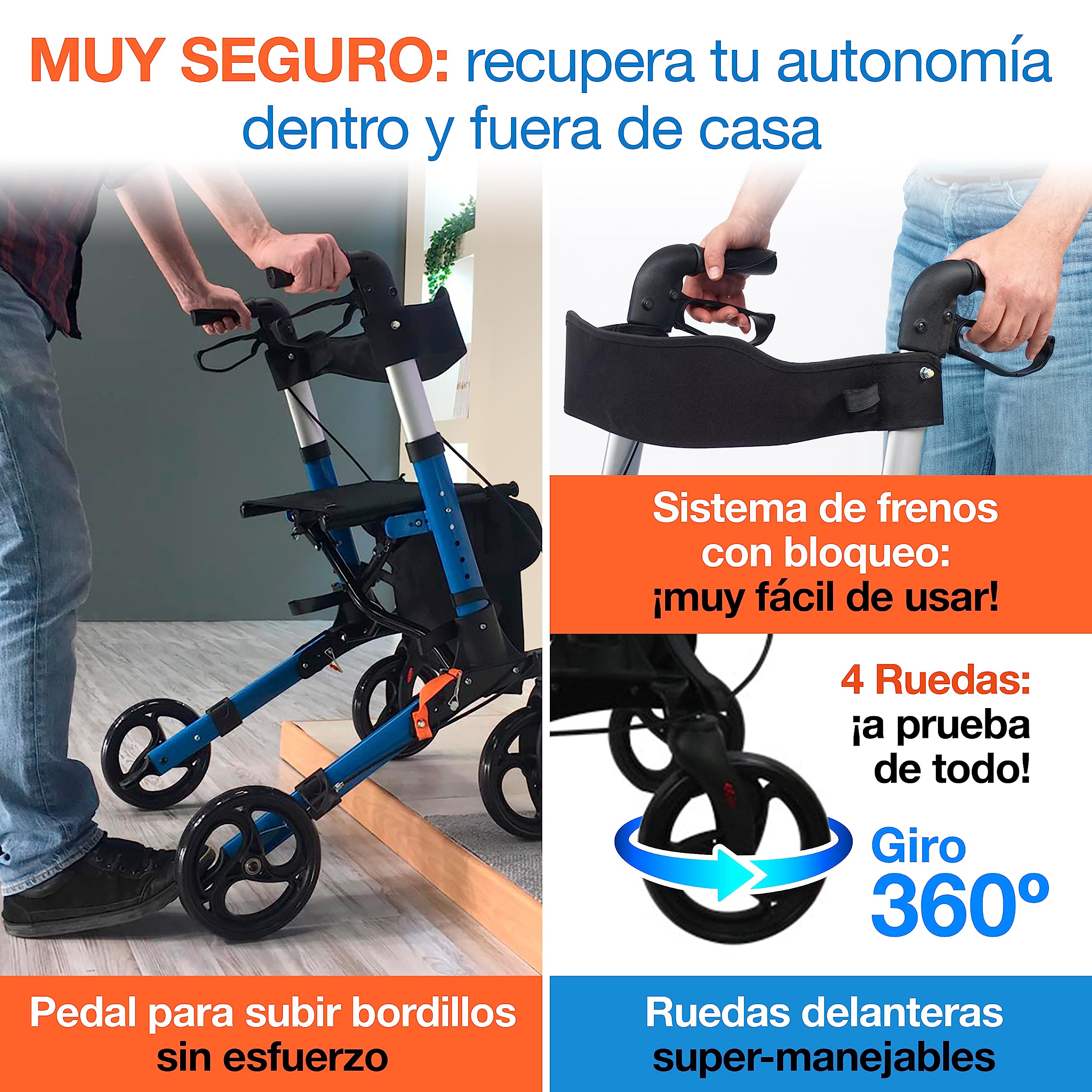 ANDADOR "4 EN 1" VIDA FÁCIL Galería del Coleccionista. Carrito Ortopédico para personas mayores, convalecientes… Aluminio superligero, Asiento, 4 Ruedas, Frenos, Bolsa. Totalmente Plegable. 011700126