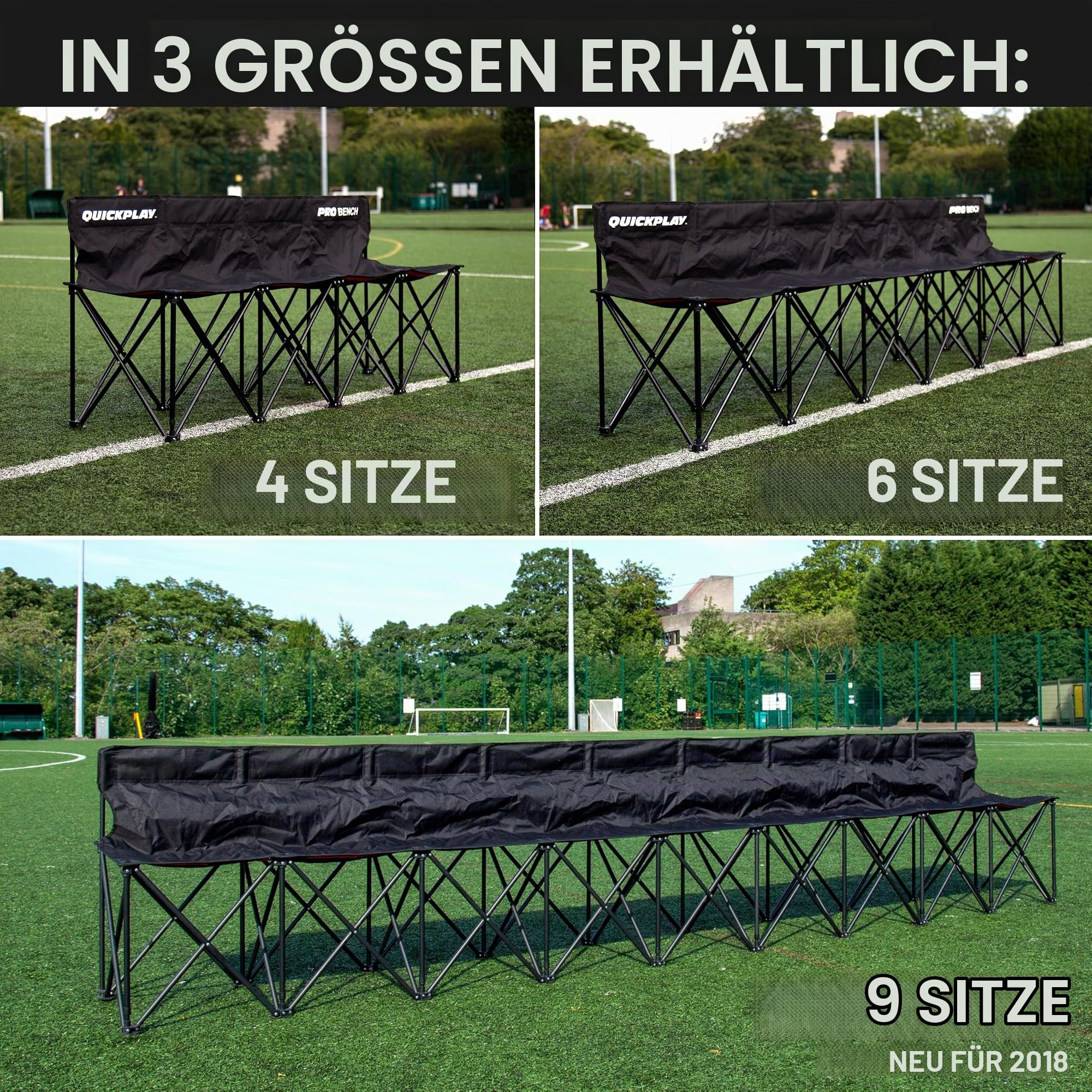 Quick Play PRO Bench Klappbare Teambank 6 Sitzer – Tragbare Seitenbank für Fußball, Faltbank mit Rückenlehne & Tragetasche, Sportbank Sitzbank für Outdoor Fussball, Aktivitäten