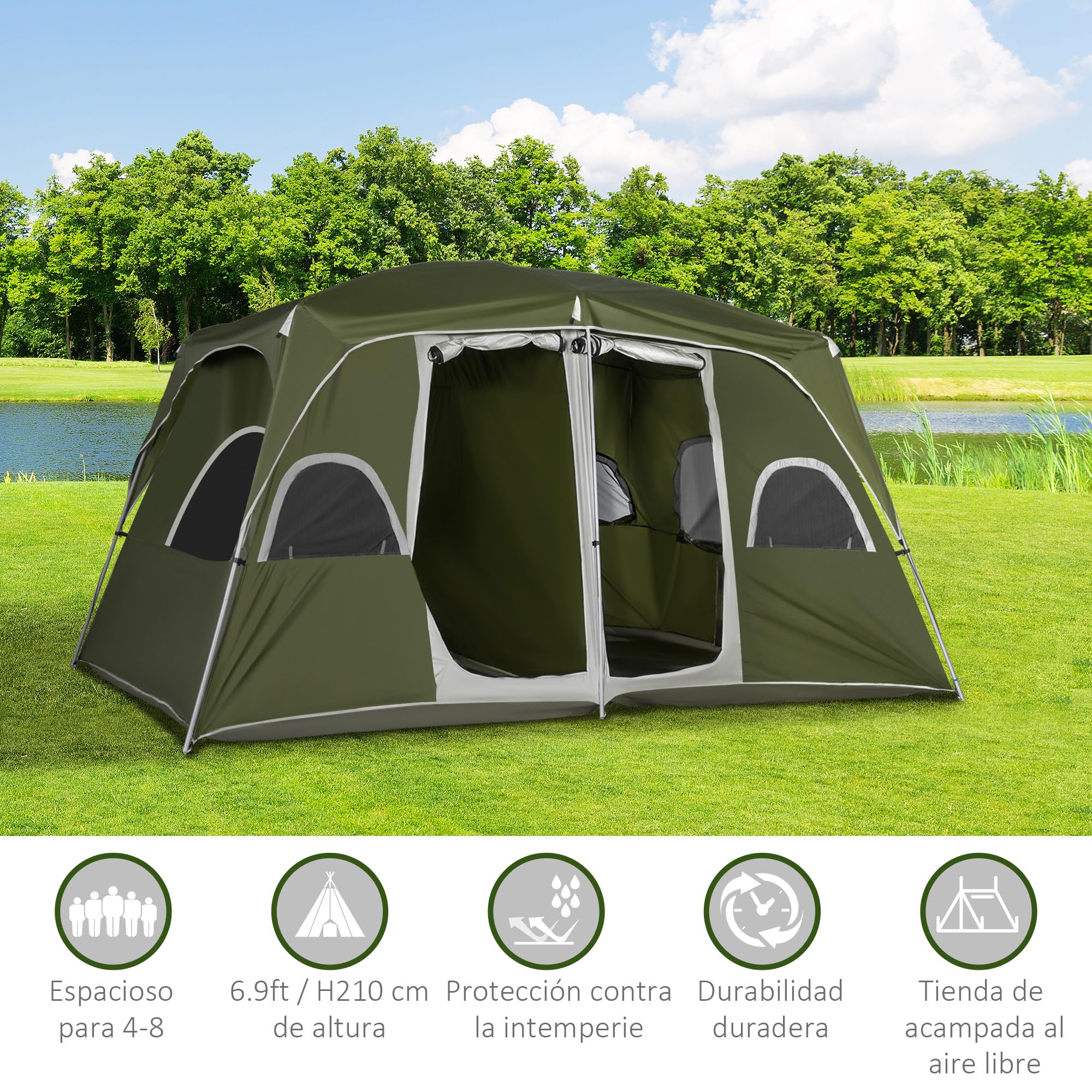 Outsunny Tienda de Campaña Familiar para 4-8 Personas con 2 Dormitorios Tienda de Camping Grande con 2 Bolsillos y Ventanas con Malla Impermeable 400x275x210 cm