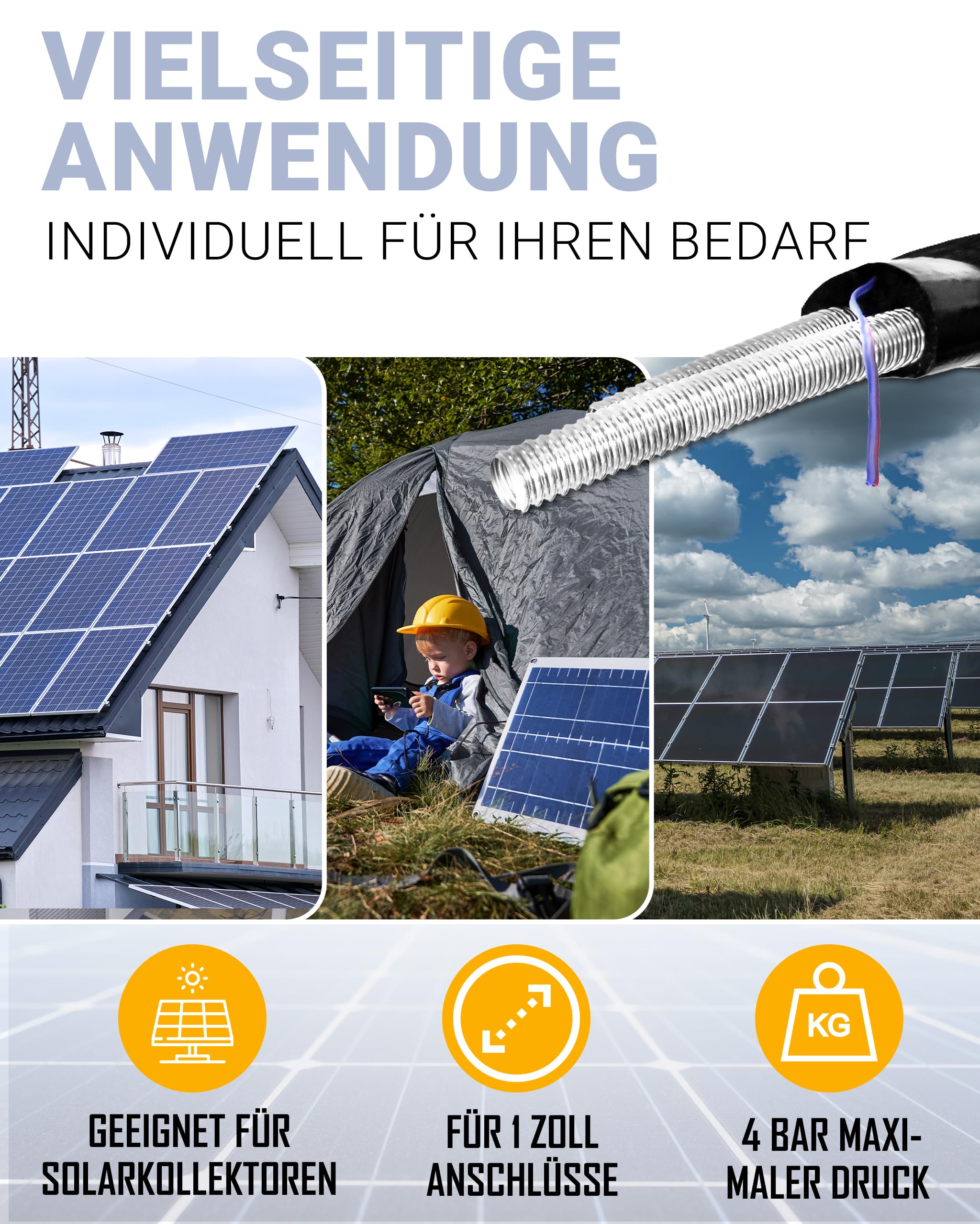 Solardoppelleitung DN20 Edelstahlwellrohr mit Fühlerkabel – Solarrohr/Solarleitung für Solarthermie – Doppelrohr vorisoliert 13 mm EPDM – 1" Überwurfmutter – 5 m / 10 m / 15 m / 20 m / 25 m