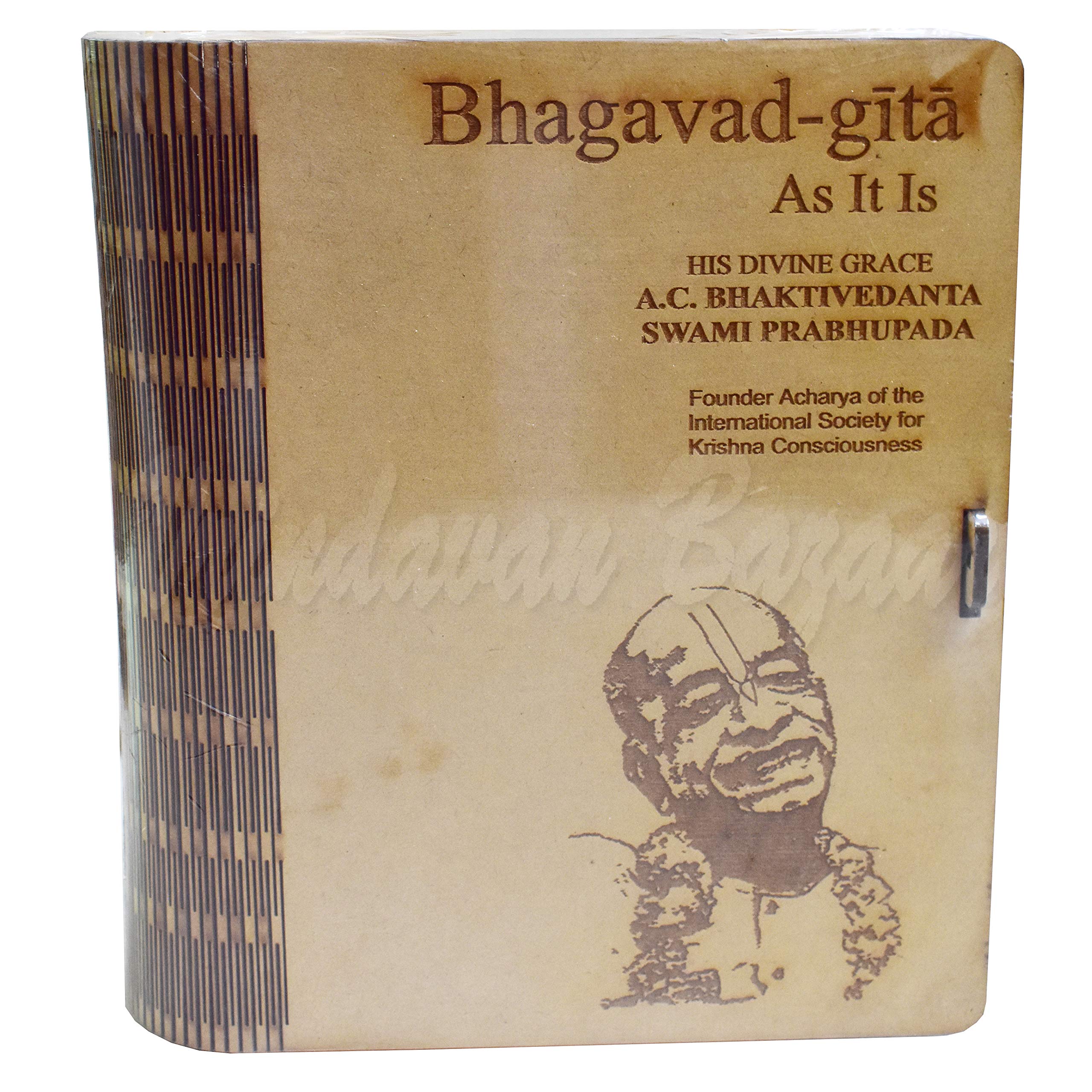 Wooden Bhagavad Gita storage box small with Srila Prabhupada engraved/Dimensions: 7.75" x 9" x 2.5" (in inches)- VRINDAVANBAZAAR.COM