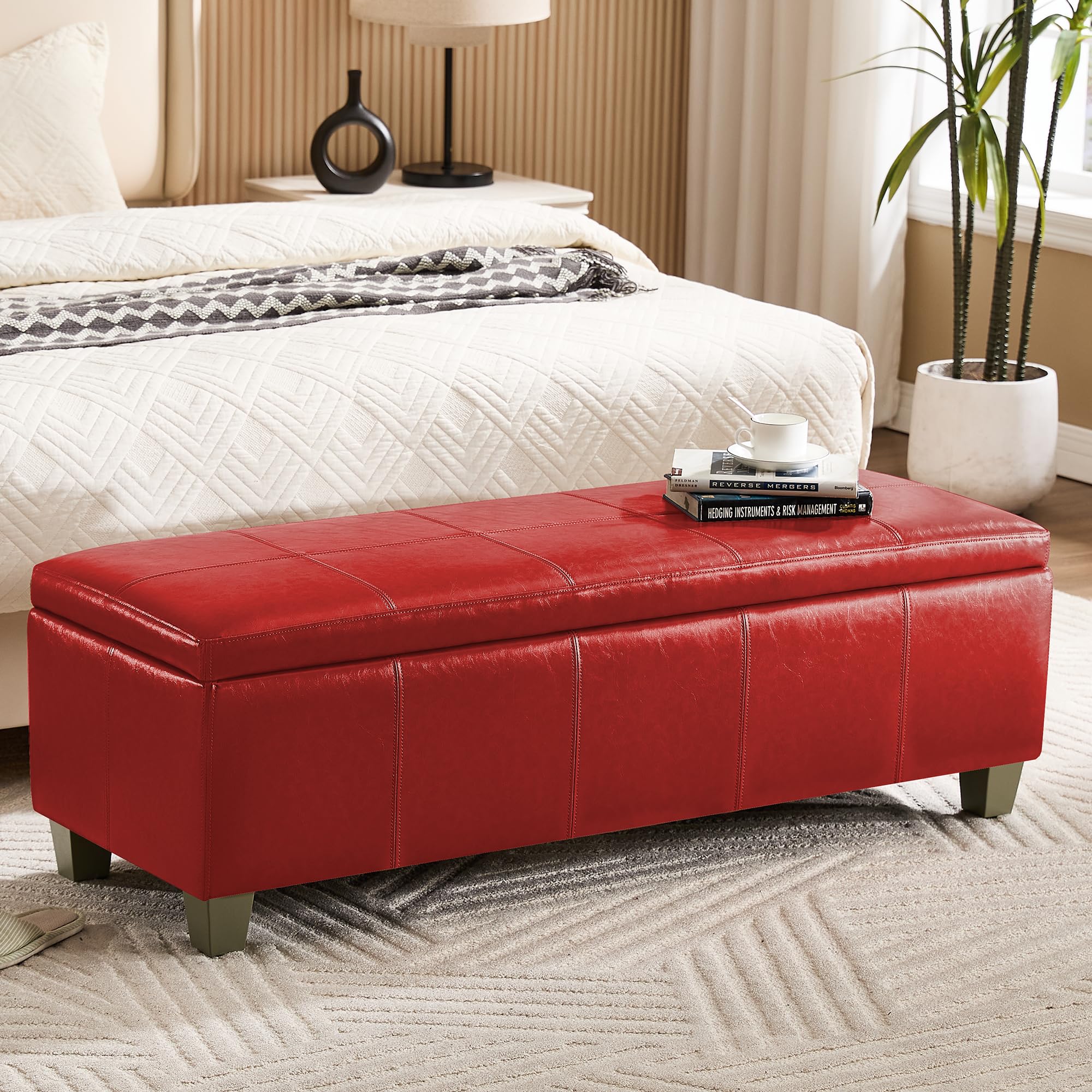 WUTUTUEE 51" Faux Leather Storage Ottoman, Stitch Tufted Rectangle Upholstered End of Bed Storage Bench, Entryway Large Couch Ottoman with Wooden Legs, Red