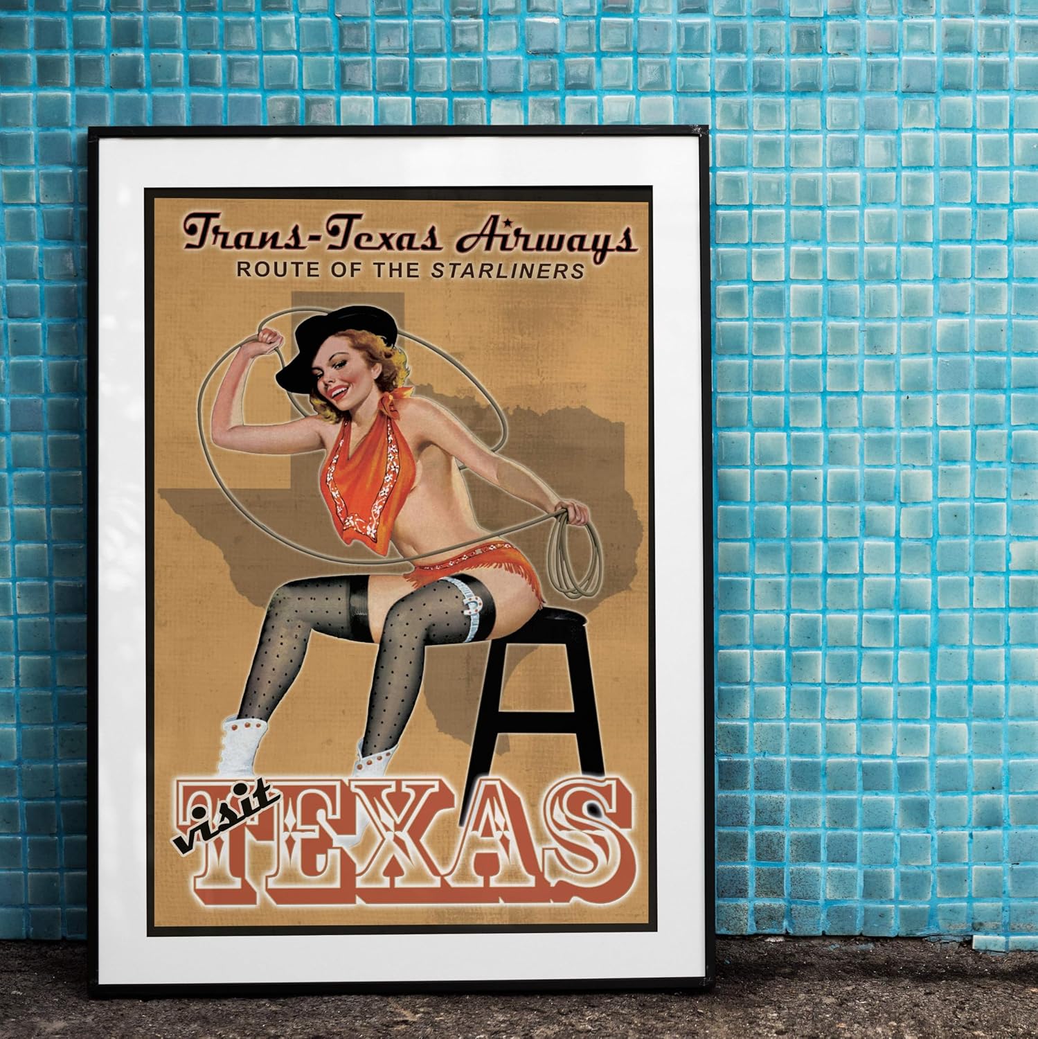 Visit Texas via Trans-Texas Airways - Route of the Starliners Pinup Girl Travel Advertisement | Gold Art Print Poster Vintage Wall Decor | 24 x 36 inches on Canvas