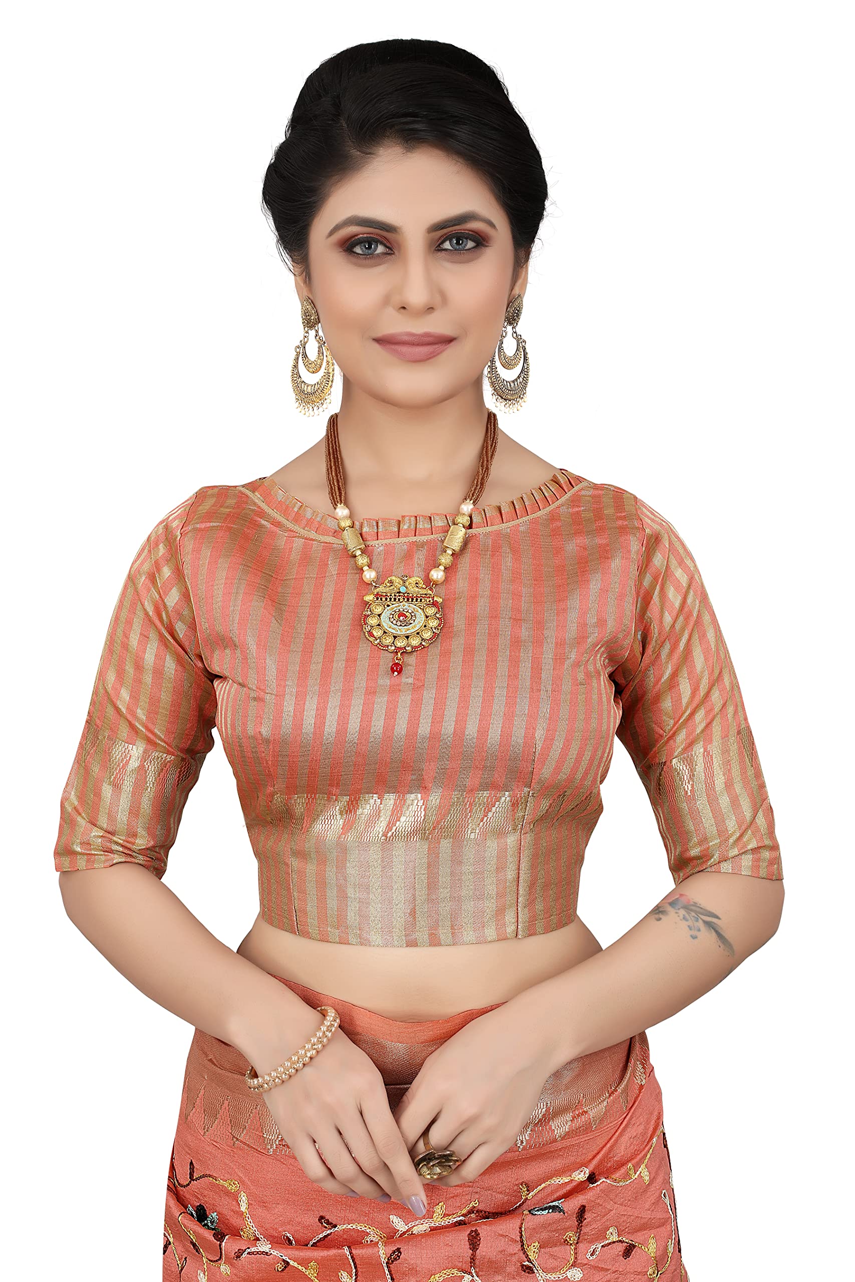 SERONA FABRICS Damen Assam Baumwolle Seide mit goldenem Rand Garn bestickt Banarasi Saree mit Bluse Stück