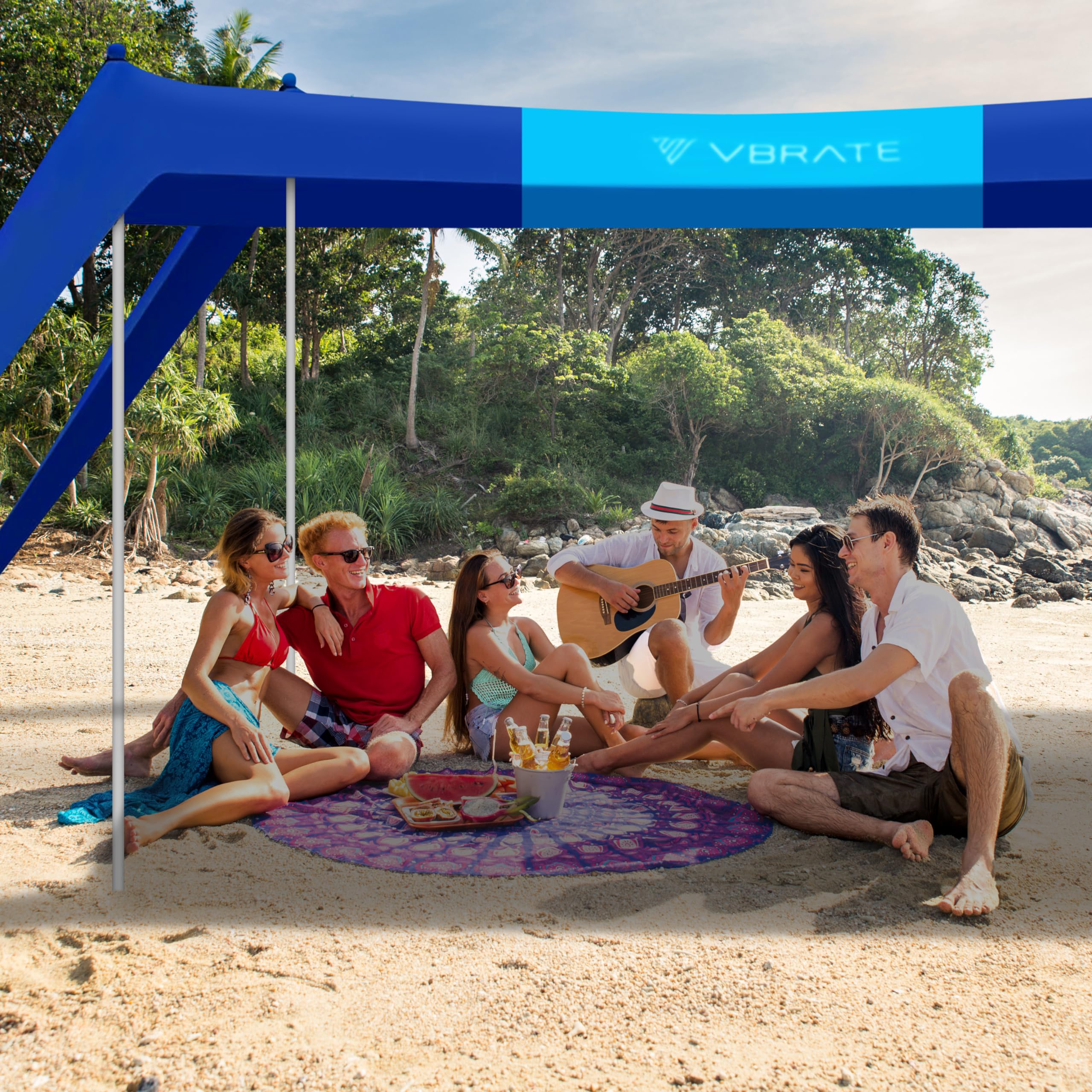 vBrate Beach Tent Sun Shelter - UPF50 Beach Canopy Portable Sun Shelter 4 Aluminum Poles, Ground Pegs, Sand Bags, Wind Ropes, Shovel, Bag - Camping, Picnic, Fishing, Backyard 10x10FT (Bicolor)