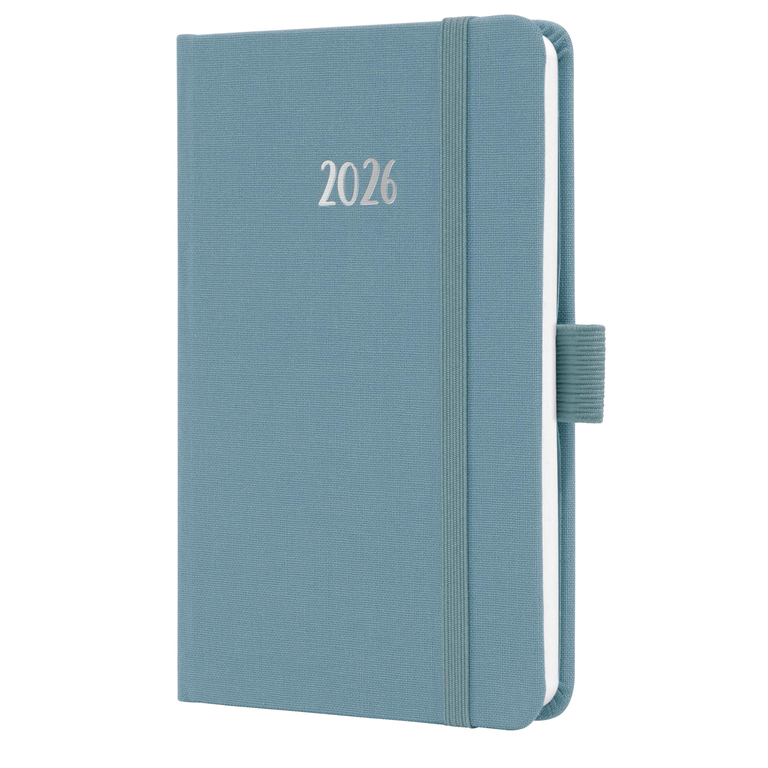 SIGEL J6400 Wochenkalender 2026 A6 blau, Hardcover mit Textileinband, Gummiband, Stiftschlaufe, Einstecktasche, 174 Seiten, vegan, Buchkalender, Terminplaner Taschenkalender Jolie