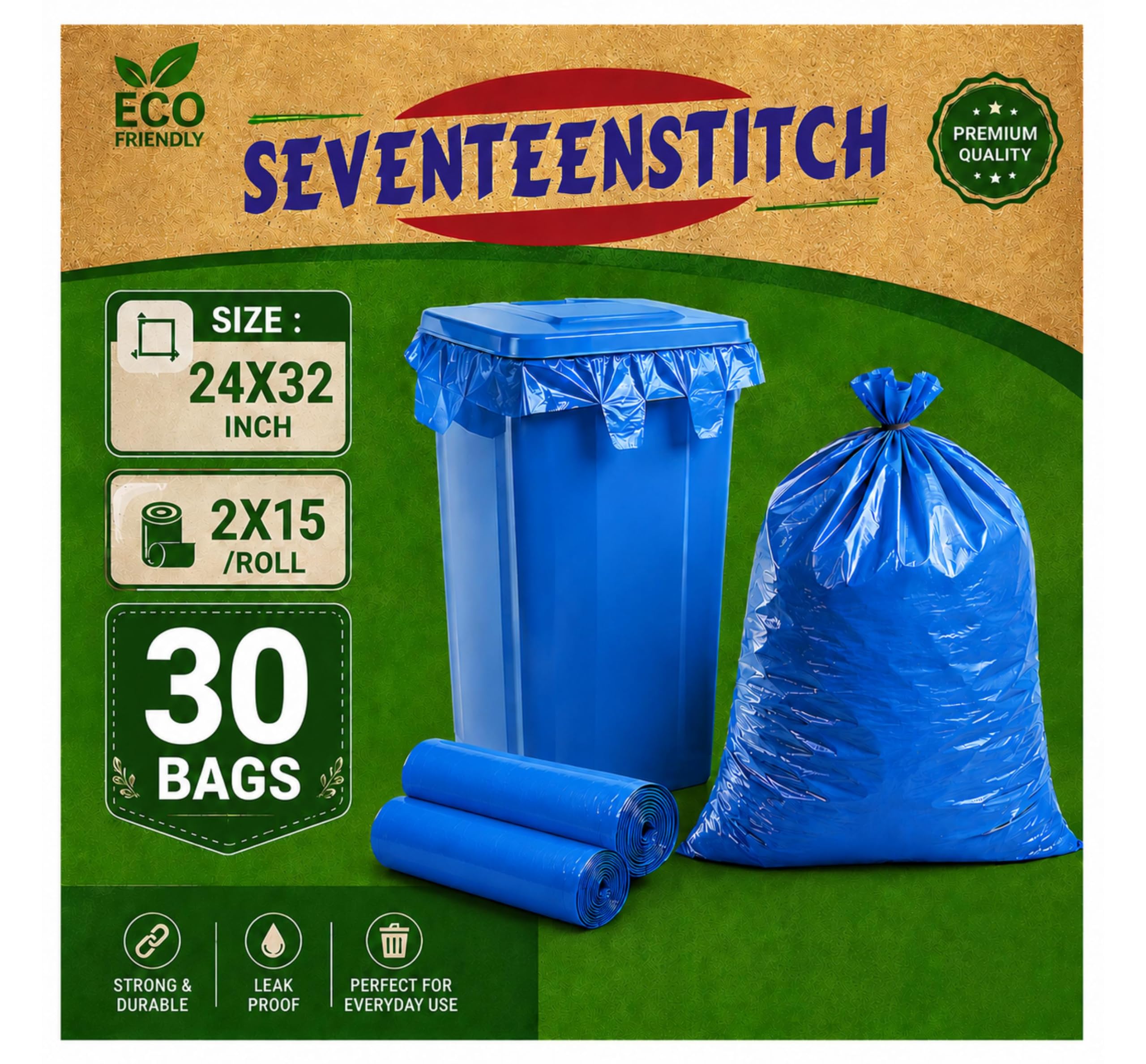 Large Trash Bags - 3 Rolls of 24x32 Blue Bags -6