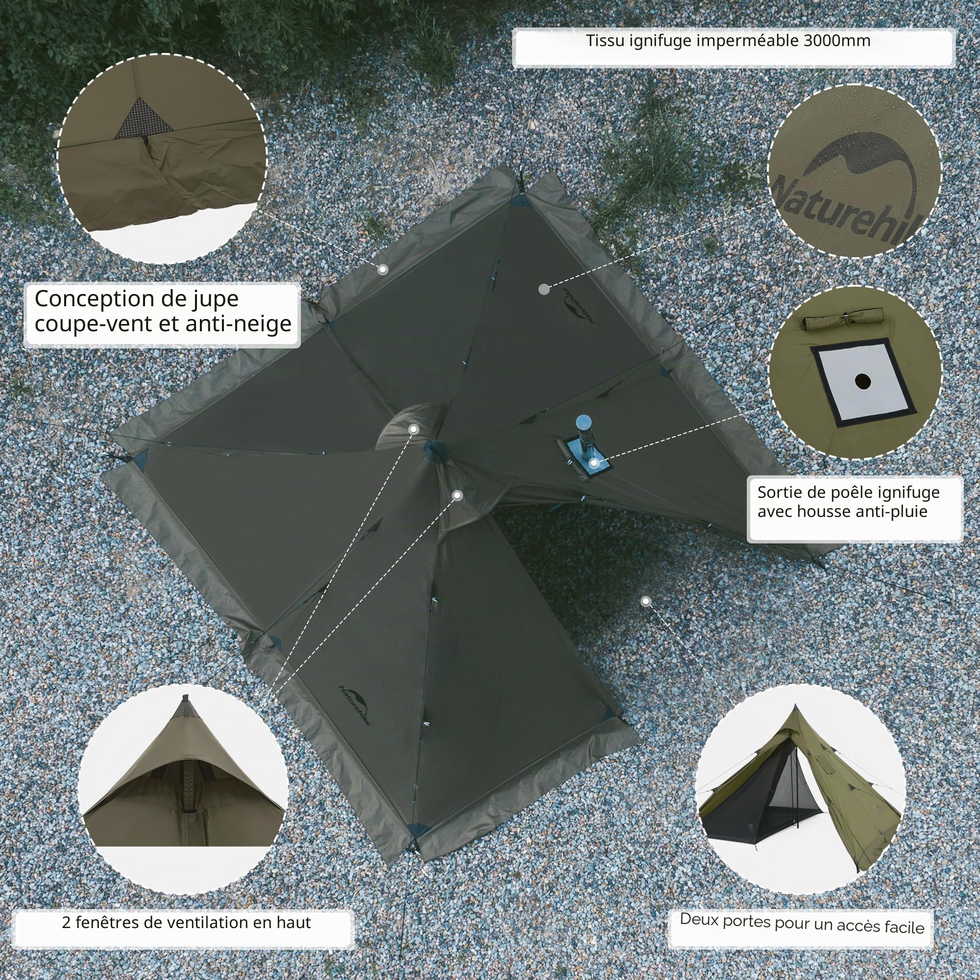 Naturehike Tente tipi pour 3 à 4 personnes, imperméable, coupe-vent, montage facile, tente pyramidale pour extérieur, camping, famille