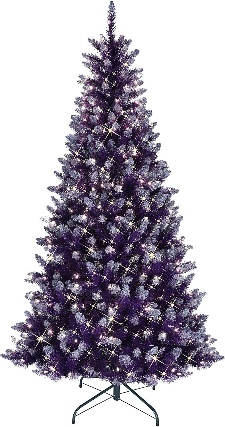 Puleo International Pre-Lit Fashion Purple Artificial Christmas Tree, Green, 6.5' 6.5' Purple Tree with 300 Clear Lights