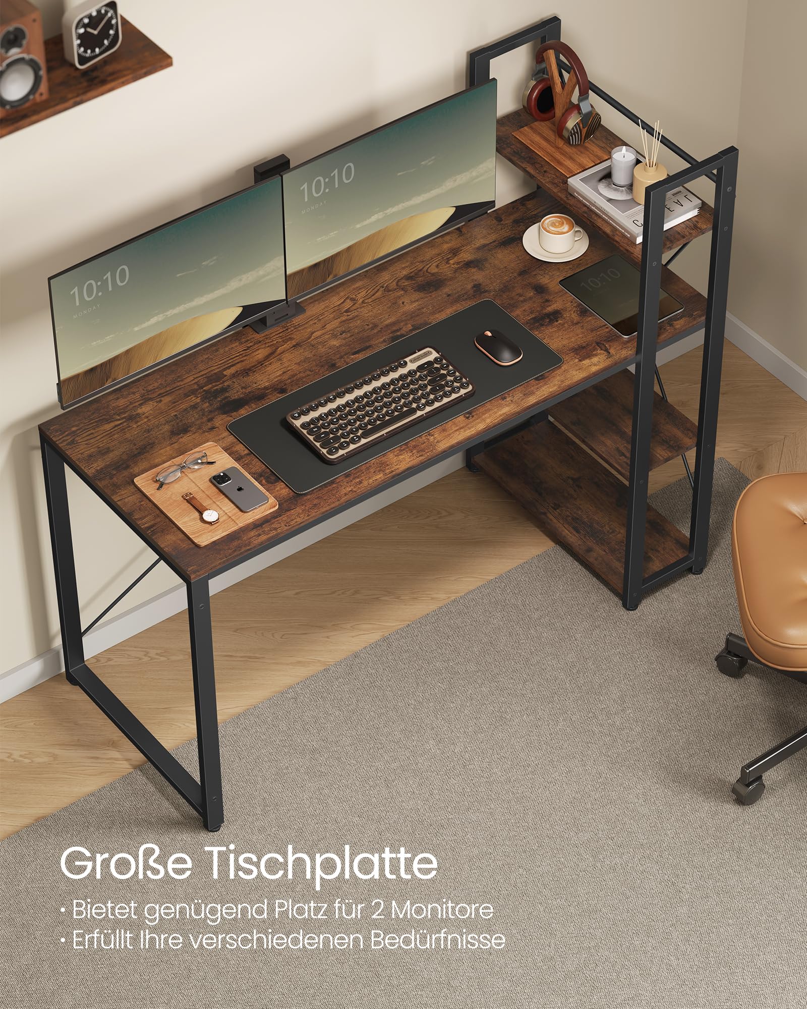 VASAGLE Schreibtisch, Computertisch mit Regalböden rechts oder Links, 137,2 cm breiter Bürotisch, für Arbeitszimmer, Homeoffice, einfacher Aufbau, vintagebraun-schwarz LWD049B01