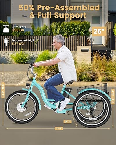 Miniatura 6 de H&ZT Triciclo eléctrico de 350 W, E-Trike de 7 velocidades con batería de litio de 36 V y 10 Ah, certificado UL, 15 MPH, 24 pulgadas26 pulgadas,