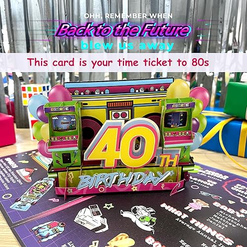 Miniatura 3 de Tarjeta de cumpleaños número 40 con música y luces  Back In 1985 Pop Up Tarjetas de cumpleaños para hombres y mujeres  Trivia retro de los 80,